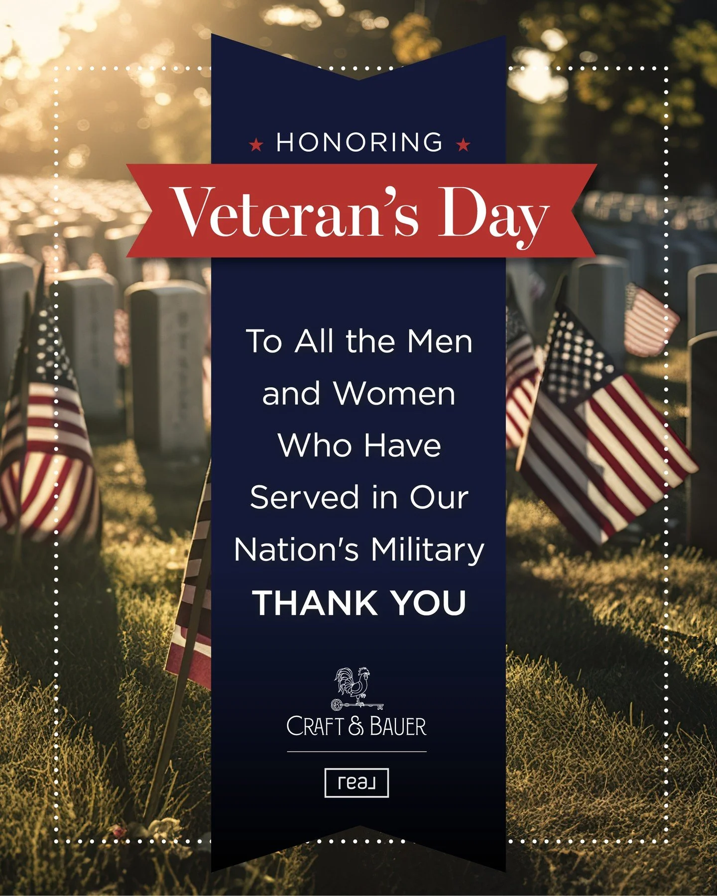 Today, we pause to recognize and thank all who have served our country with courage and dedication.⁠
Your sacrifice protects the freedoms we enjoy every day.⁠
⁠
From all of us at Craft &amp; Bauer Real Estate, thank you for your service &mdash; today
