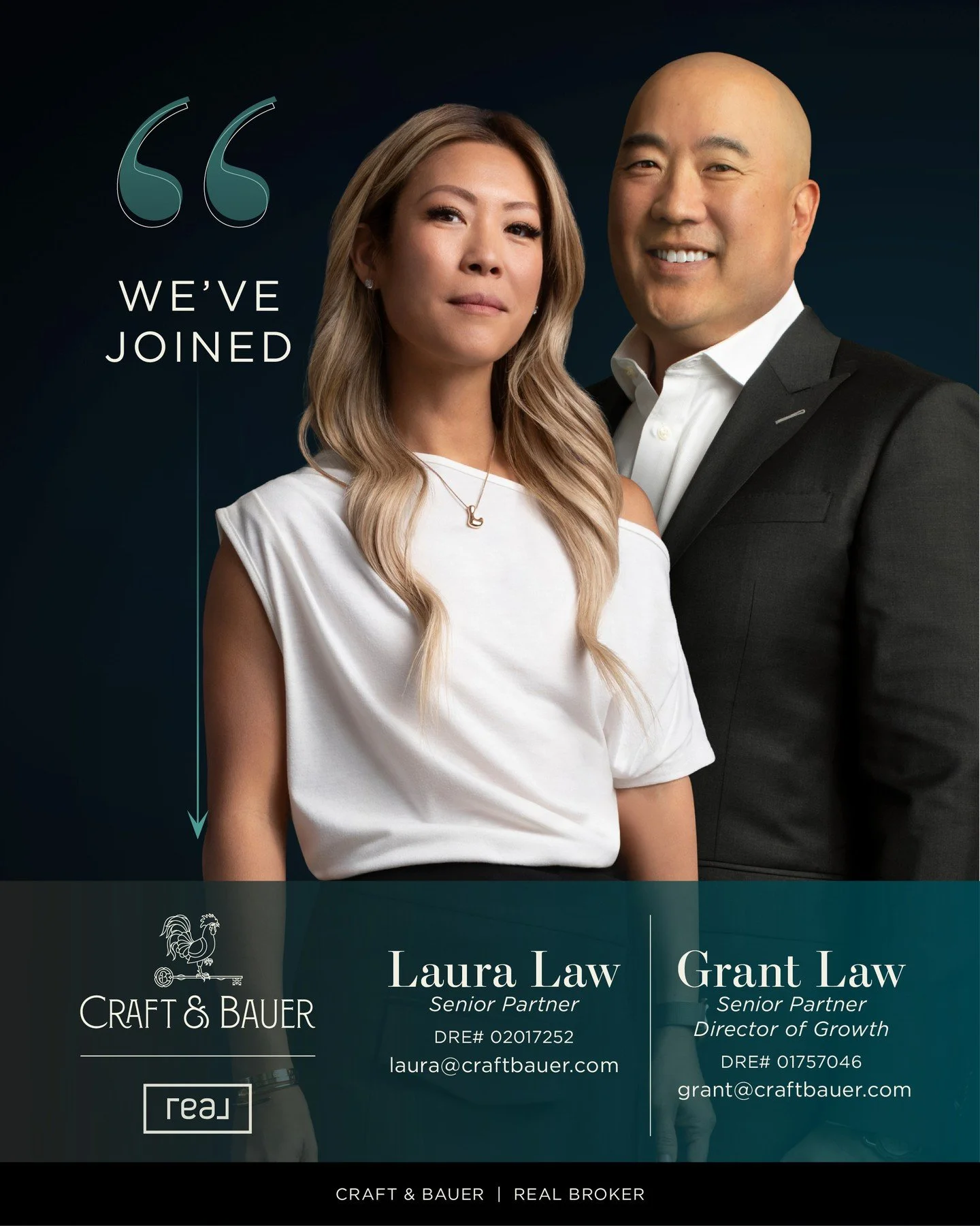 Welcome home, Laws.⁠
⁠
We're thrilled to share that Laura Law and Grant Law have officially partnered with Craft &amp; Bauer | Real Broker.⁠
⁠
Laura joins as a Senior Partner bringing nearly a decade of top-producing experience and an eye for marketi
