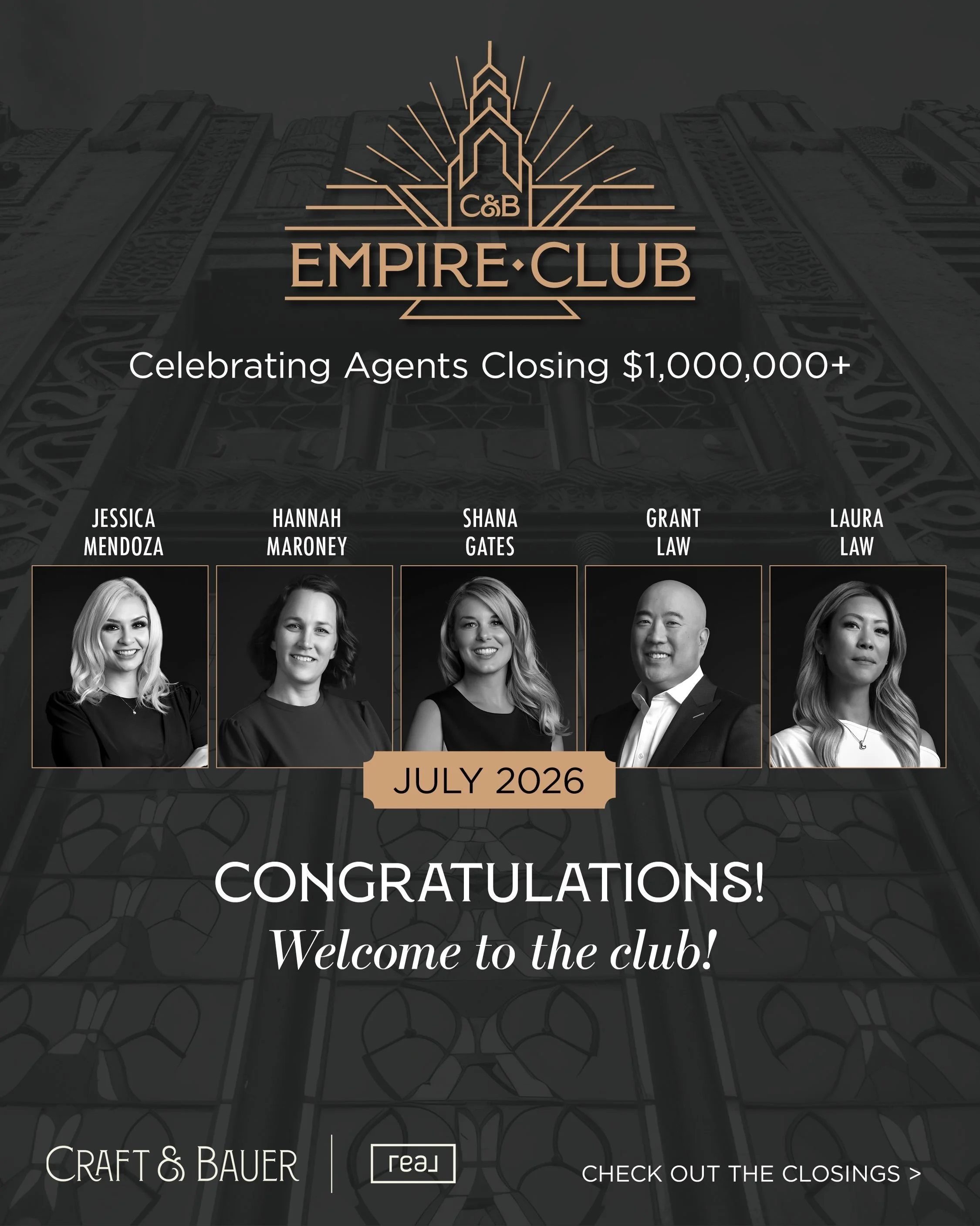 ✨ July Empire Club Inductees ✨⁠
⁠
A huge congratulations to our incredible agents who closed $1M+ transactions in July! 🏆 From Santa Clara to Scottsdale and Pasadena, these closings represent the trust of our clients and the dedication of our agents
