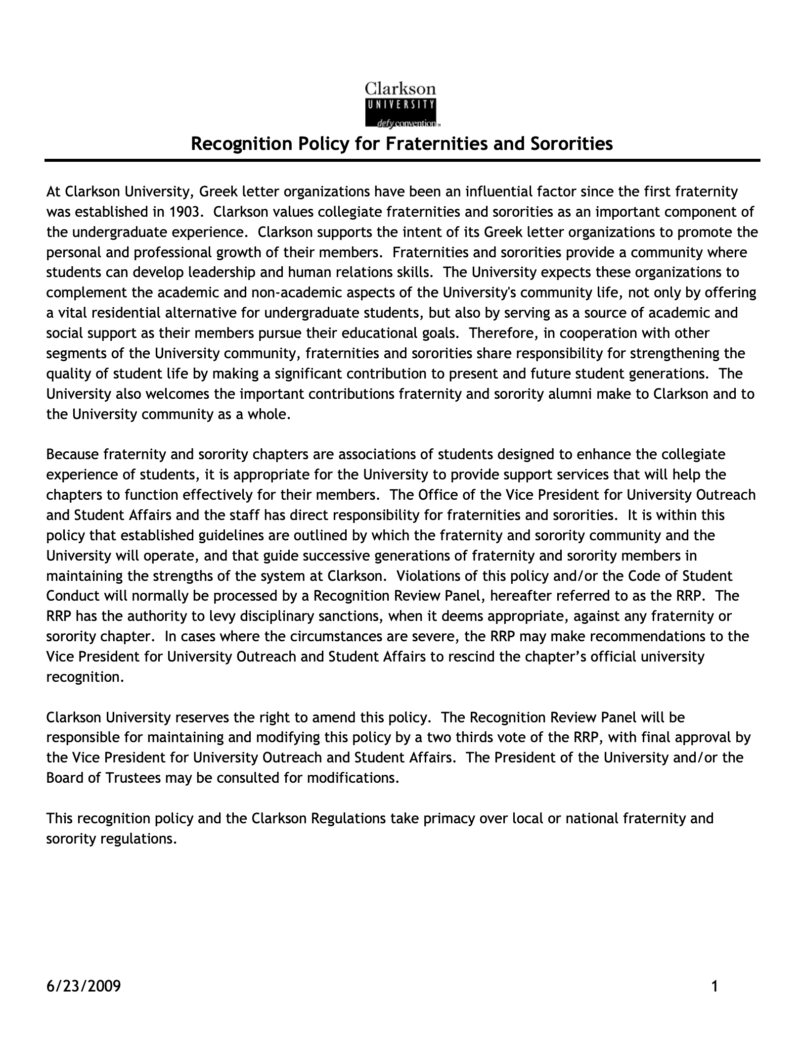 Clarkson Recognition Policy for Fraternities and Sororities