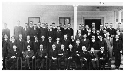 The above image was taken on March 29, 1918 when the brothers of Sigma Alpha were installed at Colgate as the New York Zeta Chapter of Phi Delta Theta. The Sigma Alpha house was purchased by the brothers of Sigma Alpha in 1914, and burned down in 1924. It was replaced by the current chapter house.