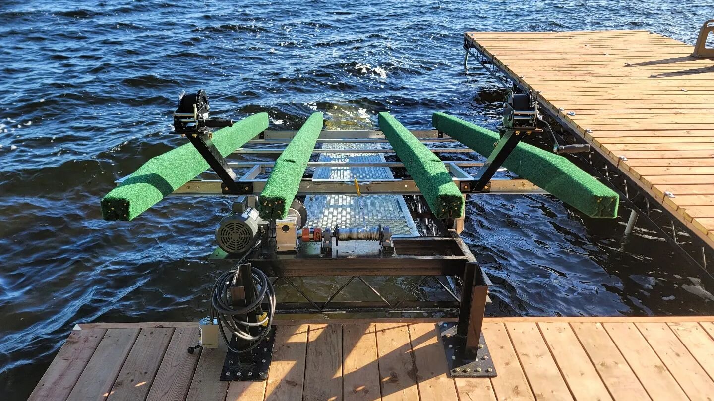 Double Sea Doo Lift with a lifting Truss Track.

This is a great solution for getting two PWC out of the lake when you have a limited amount of shoreline.

#deck #dock #boat #boatramp #boatlift #railsystem #floatingdock #stairs #custombuilt #welding 