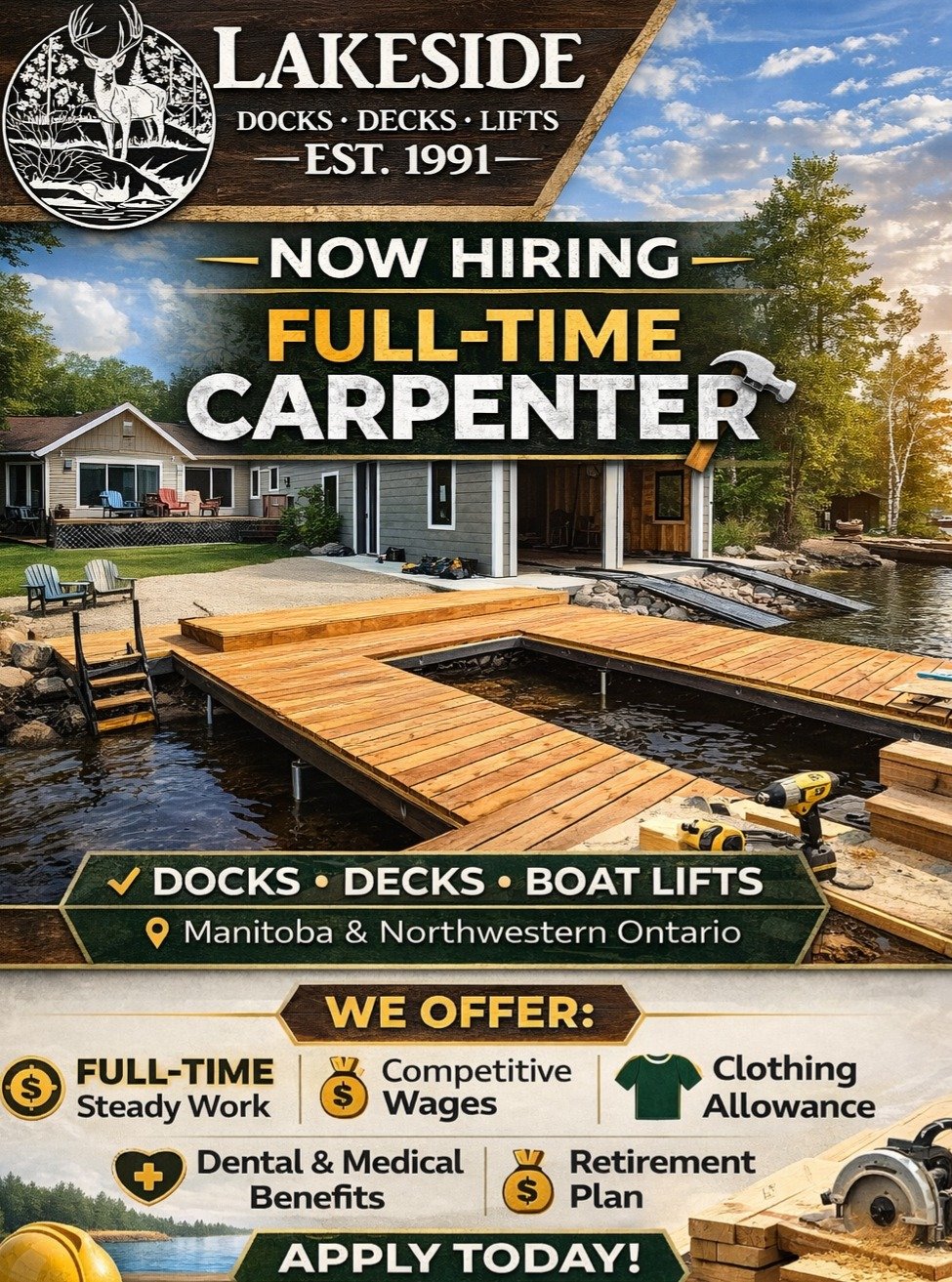 🔨 WE&rsquo;RE HIRING &ndash; FULL-TIME CARPENTER 🔨
Lakeside Enterprises Ltd. is looking for a motivated and reliable Carpenter to join our team!
We specialize in building high-quality docks, decks, and boat lifts across Manitoba and Northwestern On
