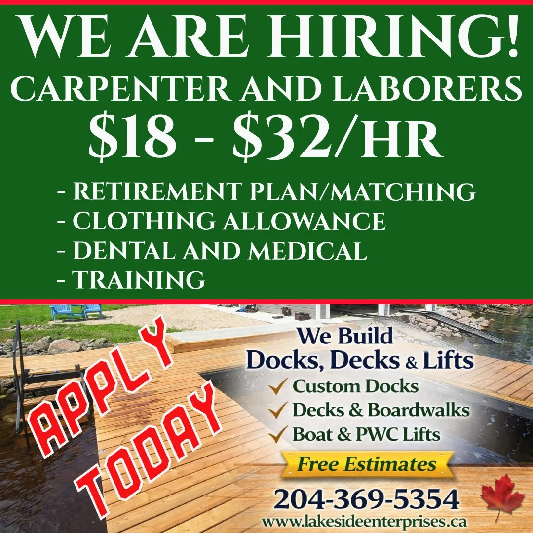 🔨 LAKESIDE ENTERPRISES LTD. IS HIRING 🔨

Full-Time &amp; Seasonal Positions Available

We are looking for motivated individuals to join our growing team.

Positions Available:
&bull; Carpenters
&bull; Laborers

What We Do:
Building high-quality doc