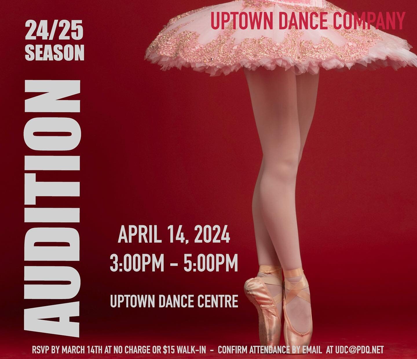 Uptown Dance Company is holding Auditions for the 2024-2025 season, on Sunday April 14th at 3:00pm. Dancers must be proficiency in ballet, contemporary, modern and jazz.
Male dancers must have partnering experience, Register by 3/31 at no charge or $