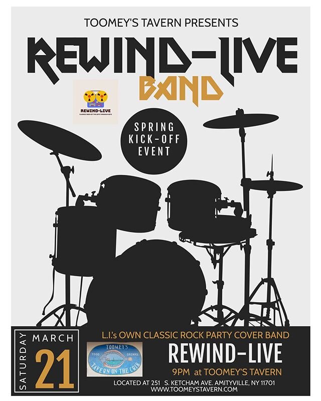 Our Spring/Summer Kickoff begins this Saturday 3/19 at Toomeys Tavern @toomeystavernonthecrik at 9pm. See you there. #rewindlive #classicrock #coverband #livemusic #partyband #amityville #longisland