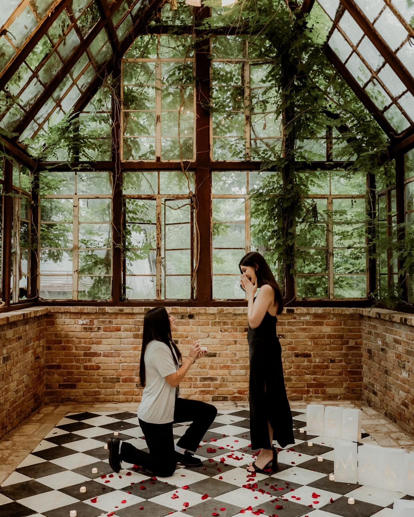 Marissa said YES! So happy the weather held up for this sweet surprise proposal! And shoutout to Marissa&rsquo;s friend for the gorgeous decorations! Venue: @sekrittheater (Edited with our film/vintage editing style) #austinengagement #austinengageme