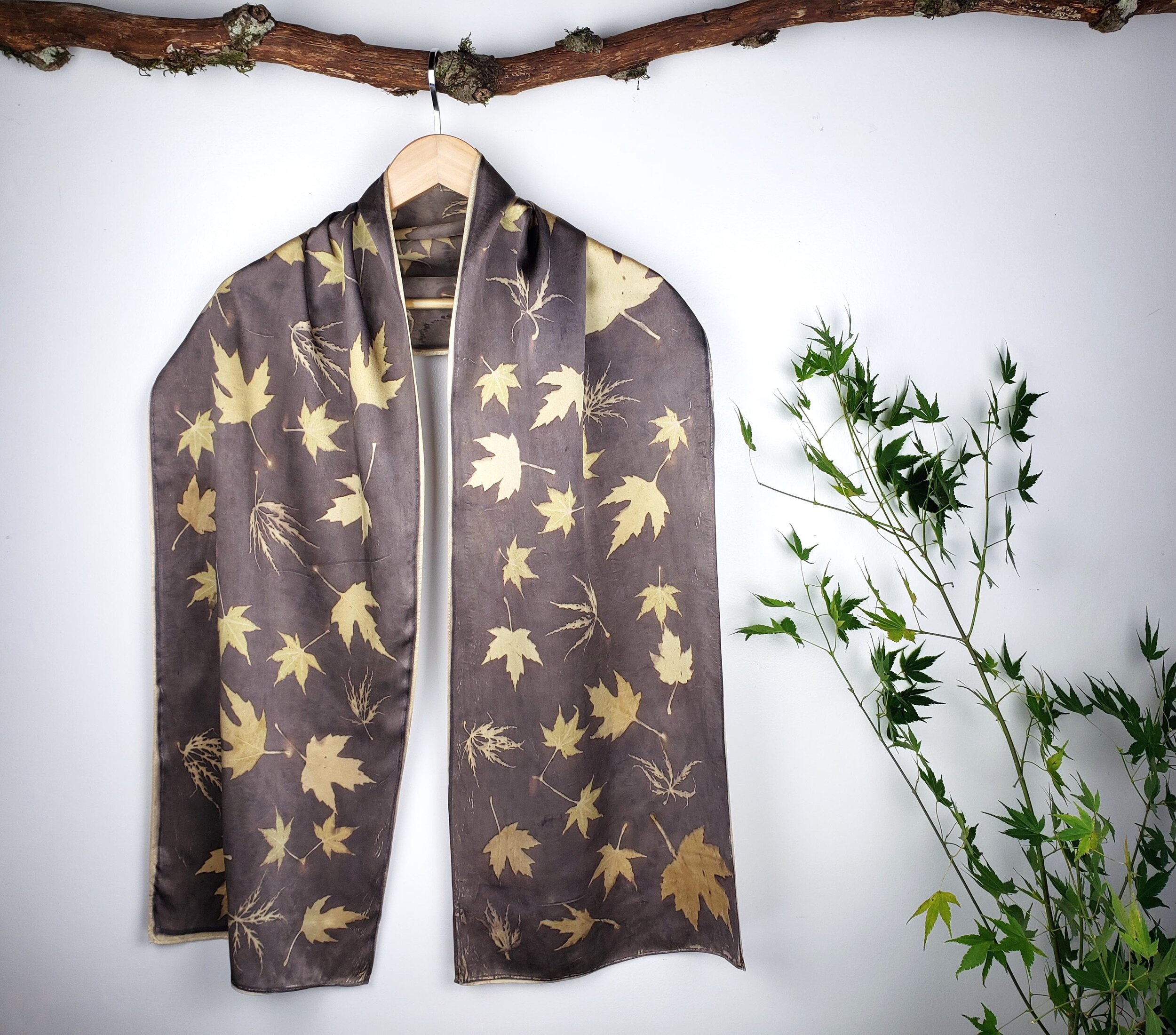 Gray and Gold Leaf Print Silk Scarf