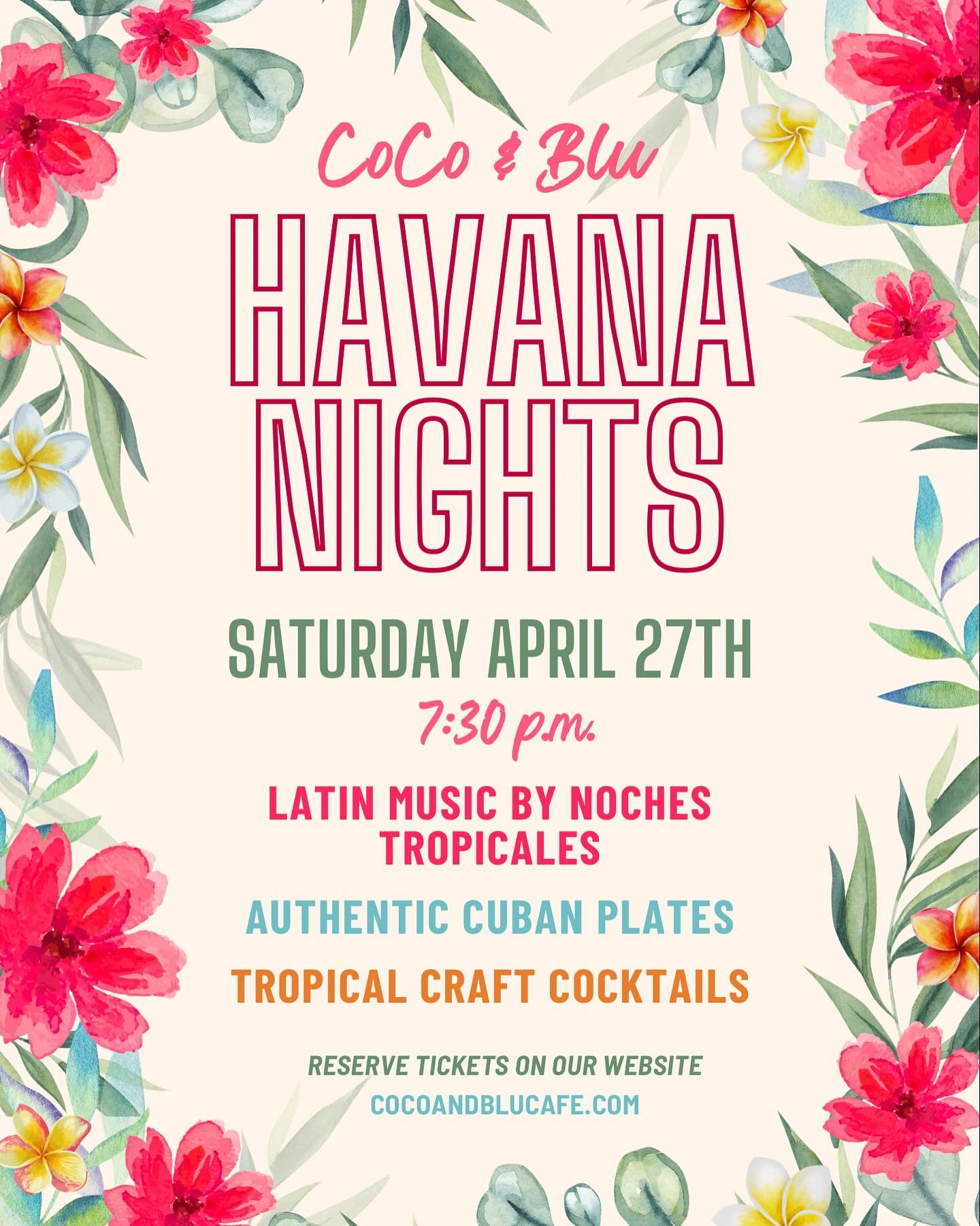 🌺🌞Summer is soon to come! 🤩🌸

It&rsquo;s finally time for our annual Havana Nights! 🏝️ On Saturday, April 27th come join us in an extravagant night featuring music from Noches Tropicales, authentic food and cocktails, and great vibes! 🤞🤪

Grab
