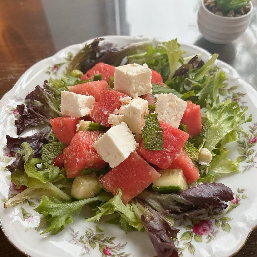 Summertime Seasonal Salad - watermelon feta with Fresh Spring greens cucumber and mint - served with house made citrus vinaigrette 🍉#summertime #salad #lunchtime #downtownarlingtonheights #arlingtonalfresco #takeittotheheights #blulovesyou