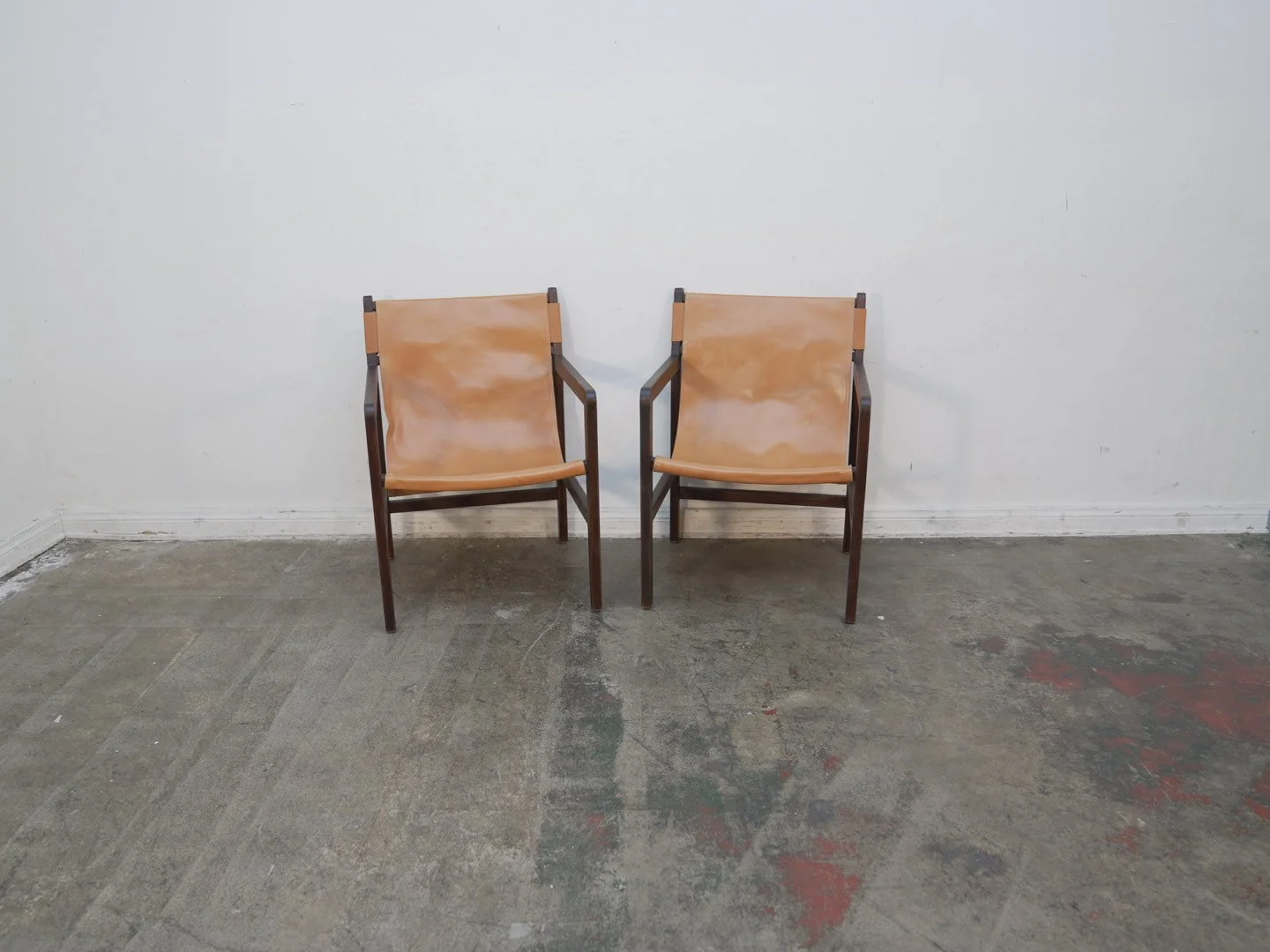 Mid Century Style Brown Leather Teak Sling Chair (We Have 2)