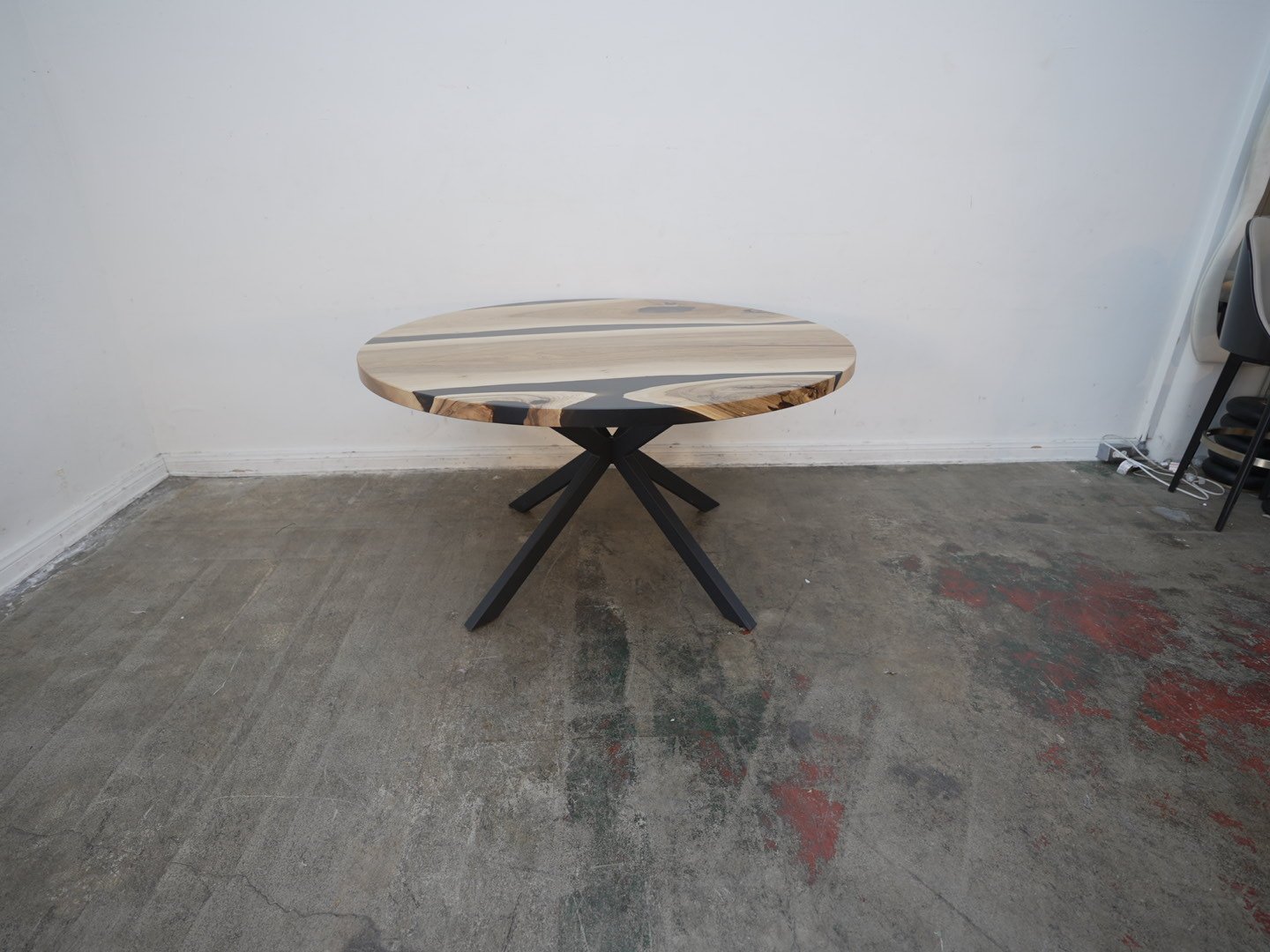 Custom Expoy & Wood Round Dining Table w/ Black Metal Base
