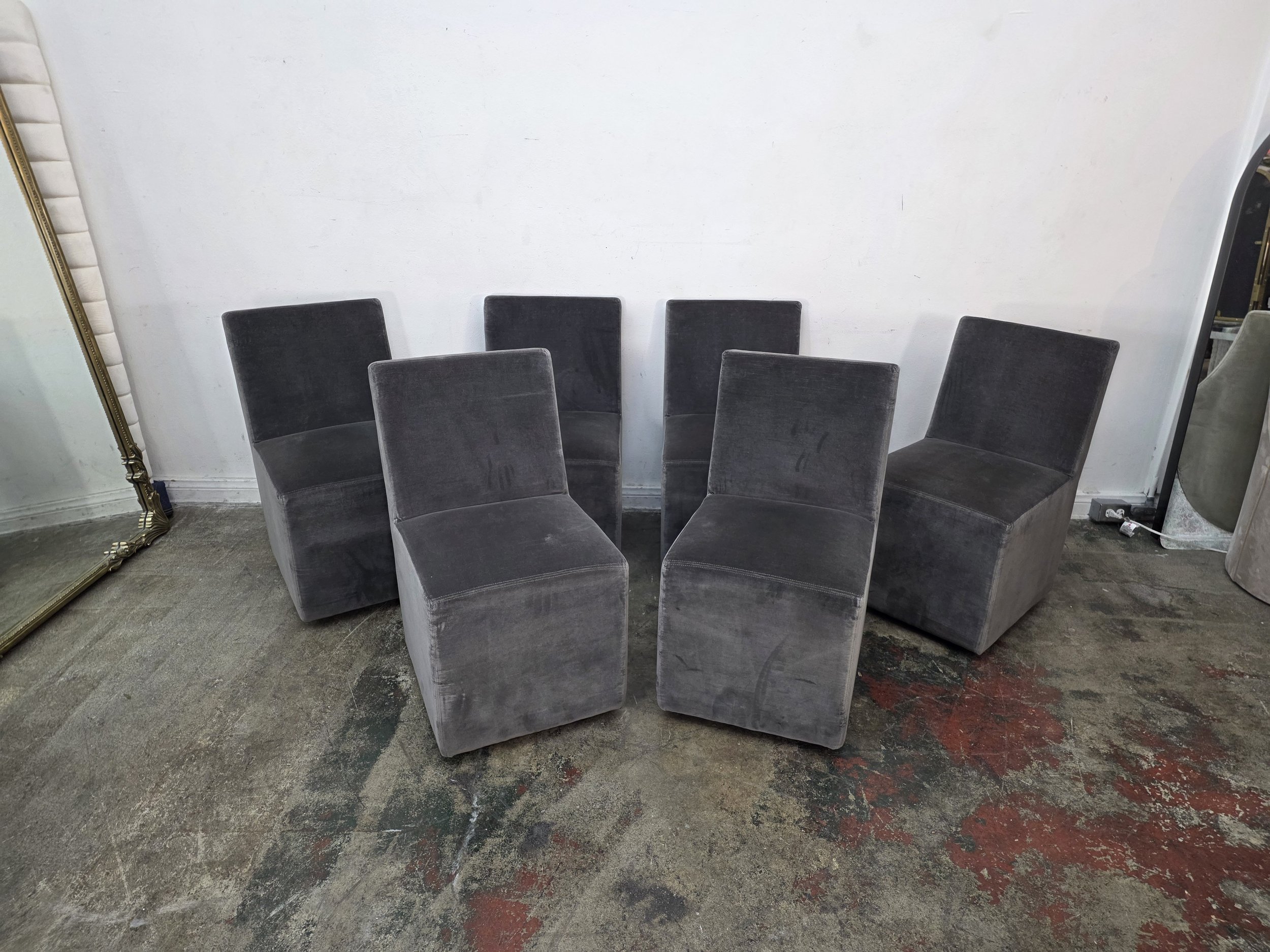 Restoration Hardware Ellison Vintage Velvet Charcoal Side Dining Chairs on Casters Set of 6