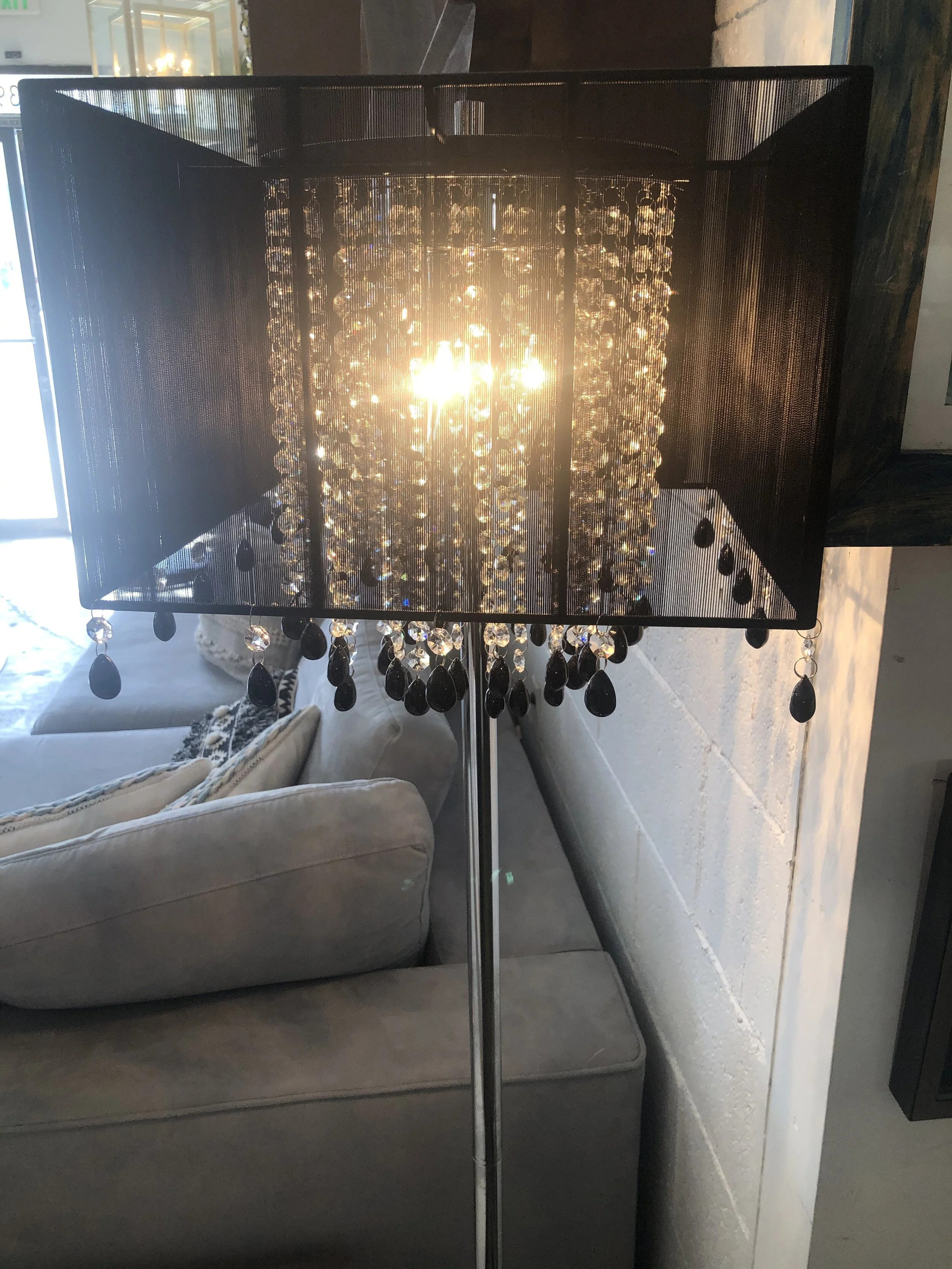 Black String Square Shade Floor Lamp W Hanging Crystals