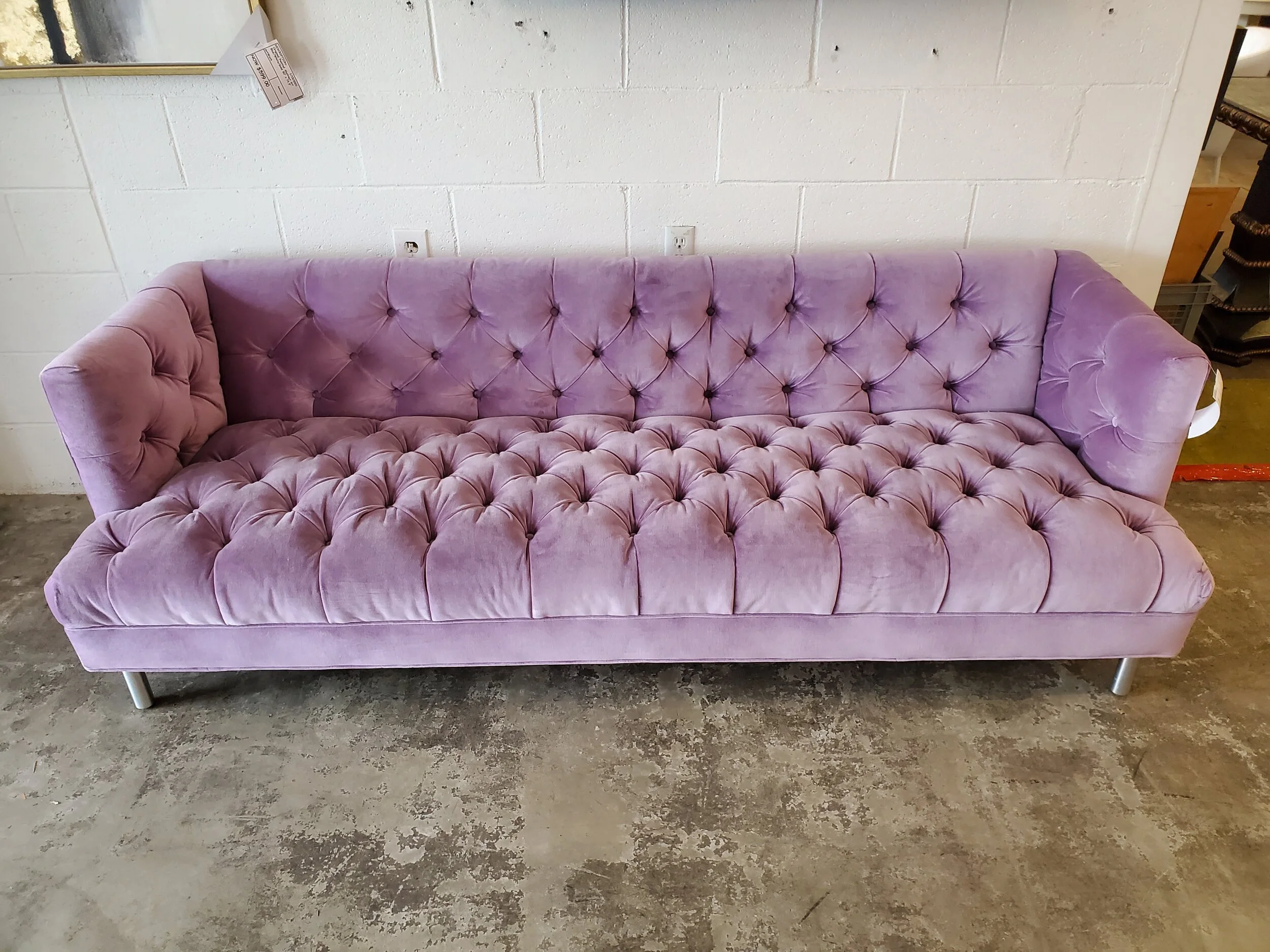 Jonathan Adler Baxter T Arm Purple Velvet Tufted Sofa Rebound Purple Velvet Tufted Sofa