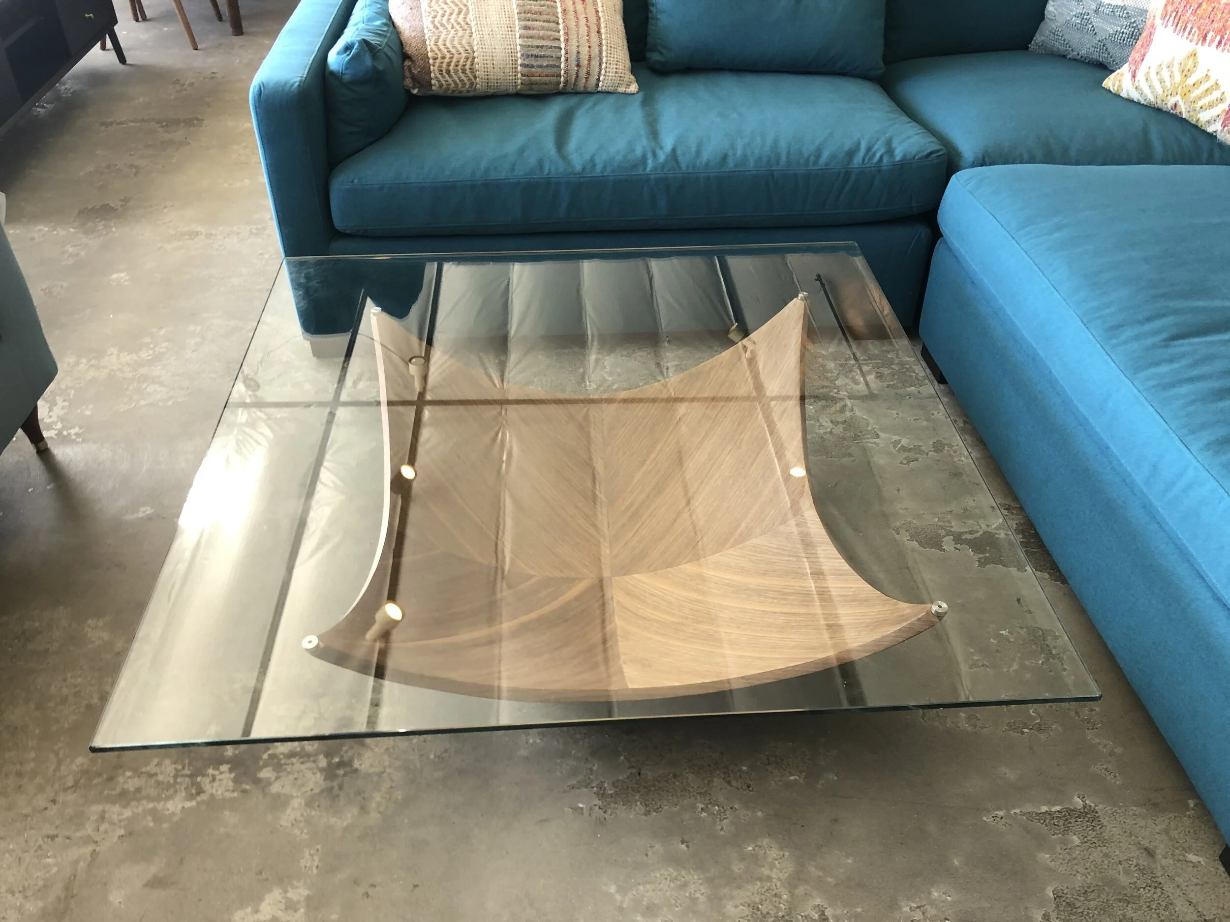 Square Glass Top Coffee Table w/ Curved Wood Base