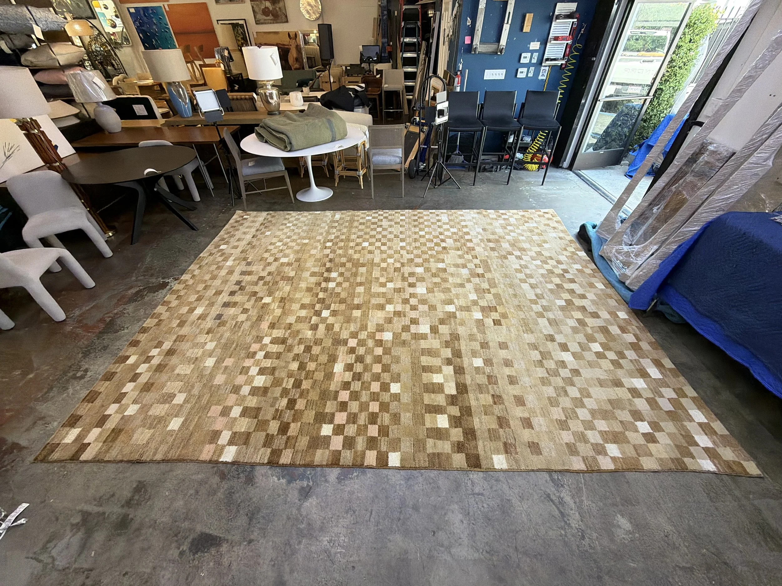 Brown White Cream Checkered Rug