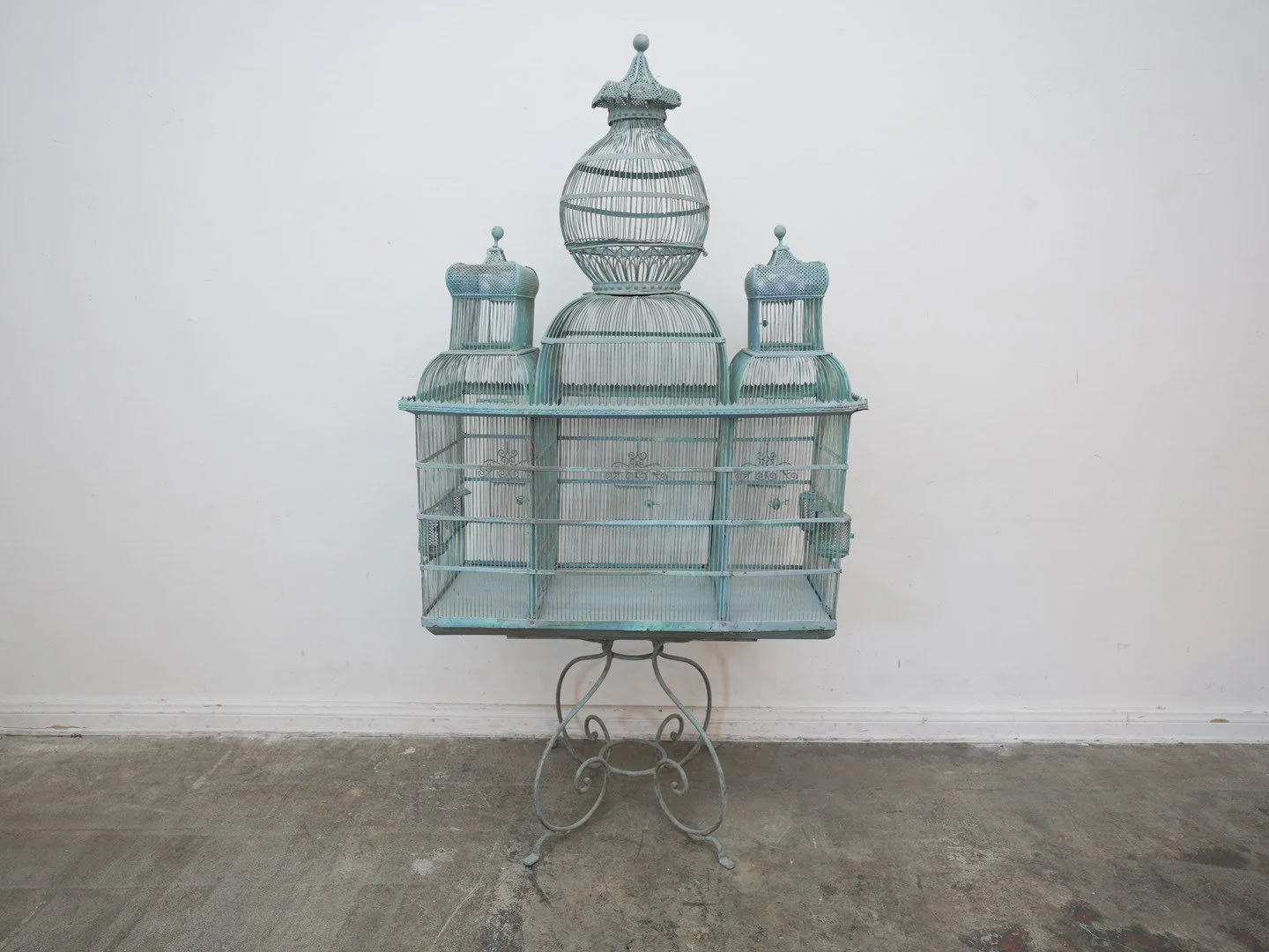 Antique Bird Cage on Stand Metal Patina Finish