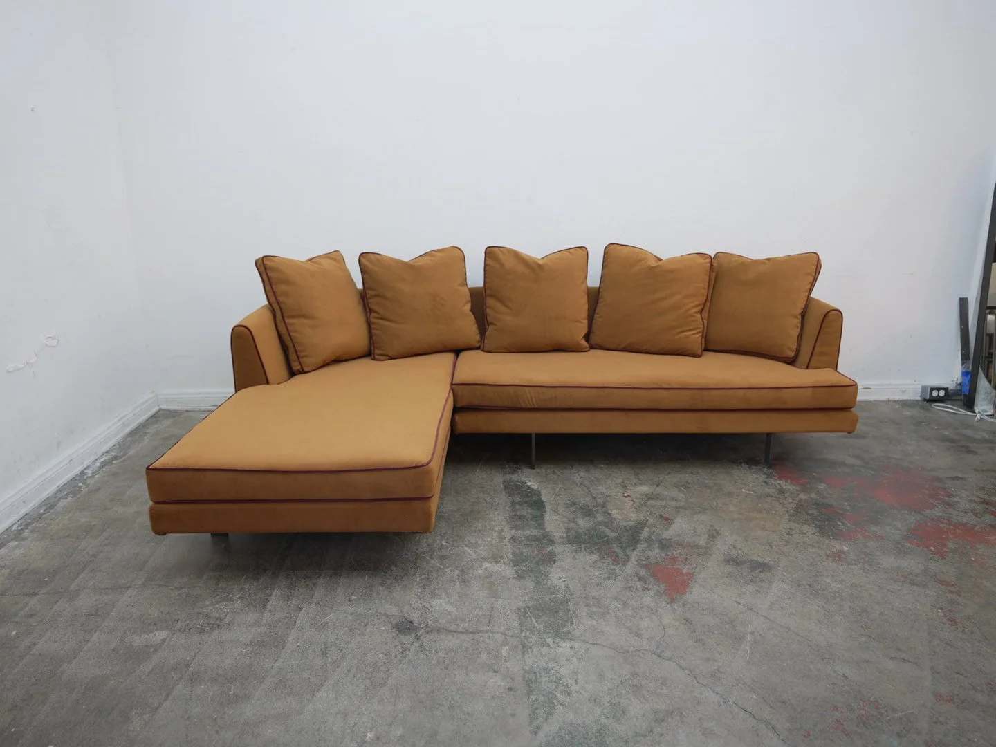 Custom Upholstered Burnt Orange Bensen Sectional Sofa w/ Contrast Piping