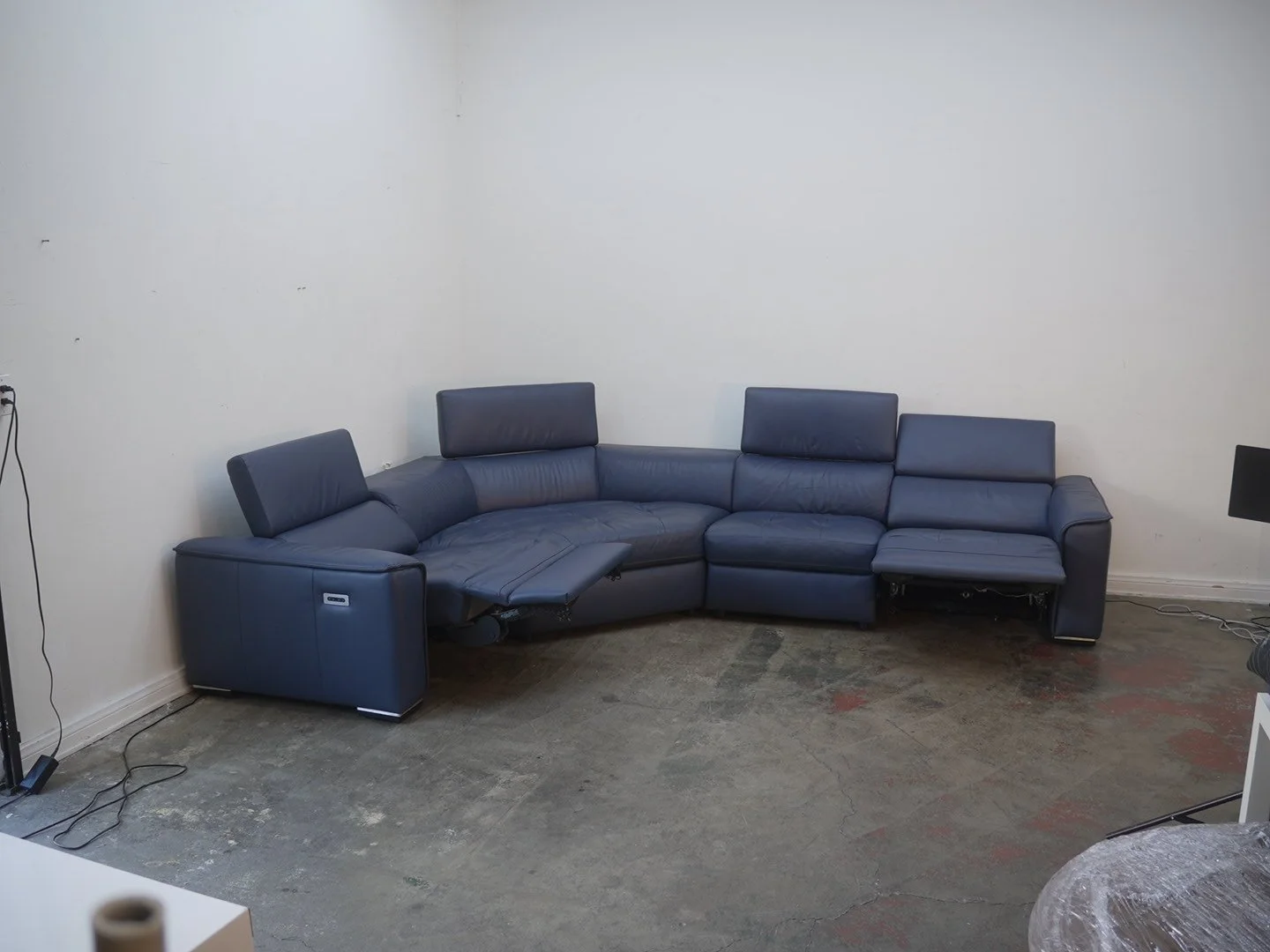 Scandinavian Designs Power Reclining Sectional in Blue Faux Leather Right