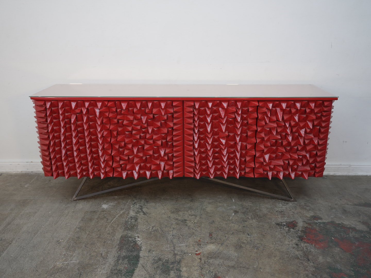 Sculptural Red Spike Console Cabinet w/ Glass Top