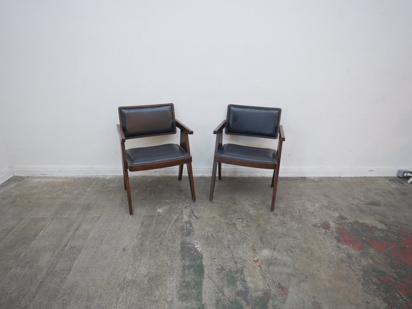 Set of 2 Brown Wood & Black Faux Leather Chairs