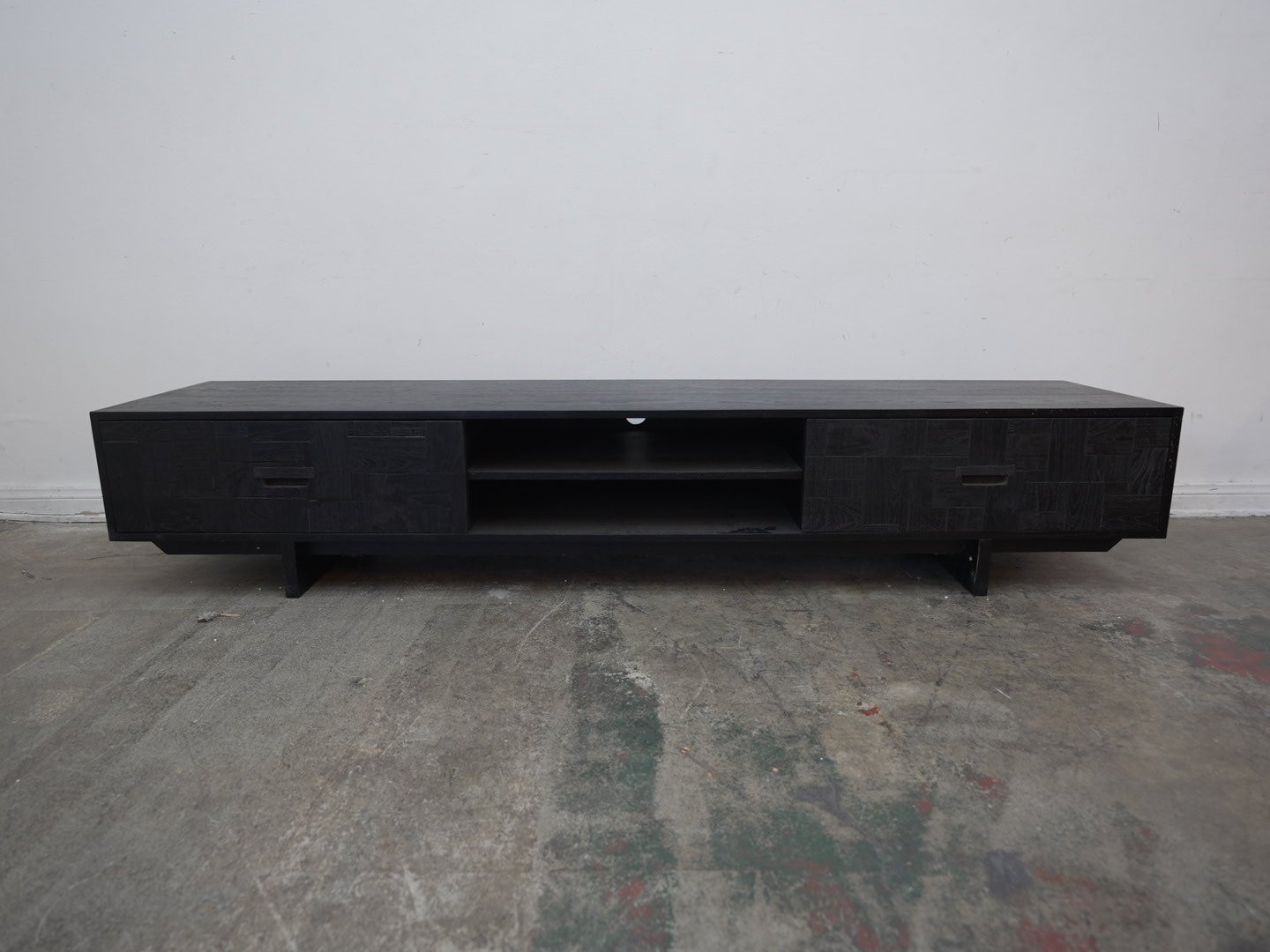 Large Black Teak Wood Console w/ Geomatric Design As-Is (We Have 2)