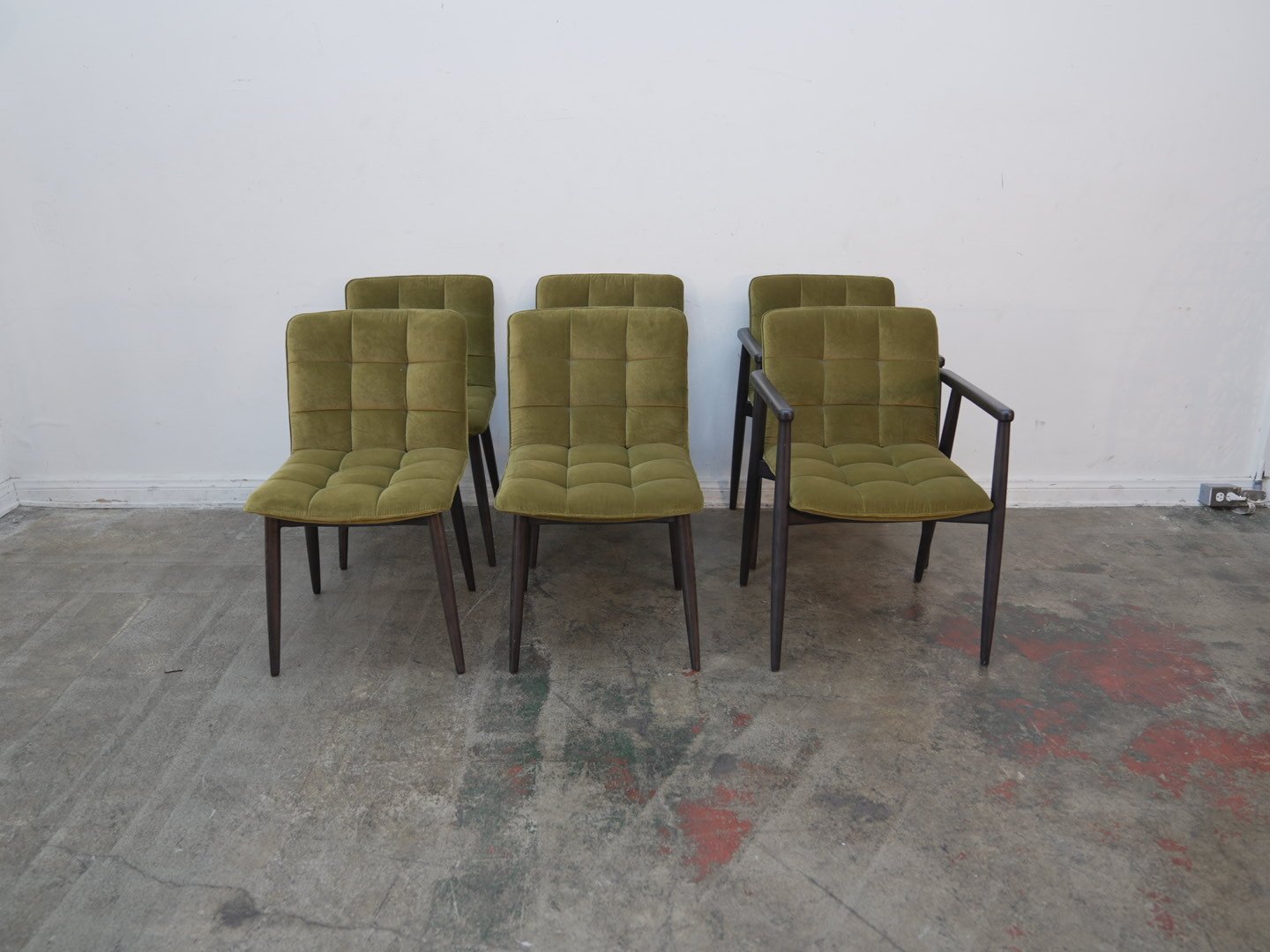 Set of 6 Green Velvet Dining Chairs w/ Black Wood Frame