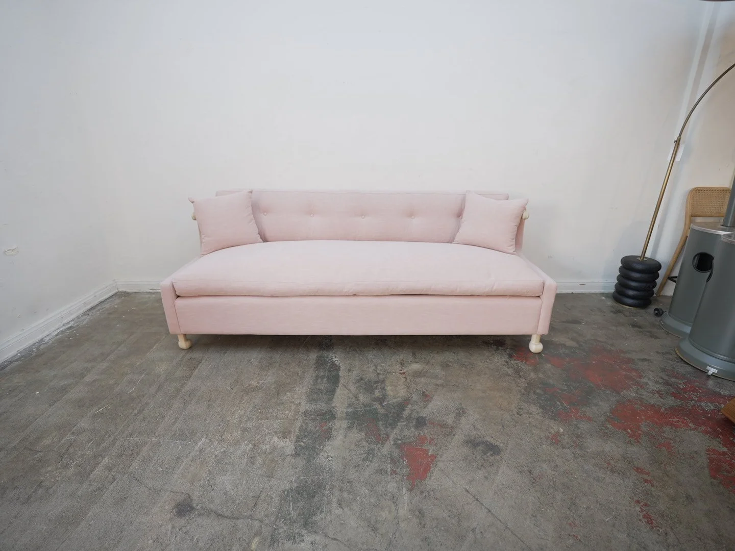 Custom Douglas Fir Sofa in Pink Linen Mix Performance Fabric