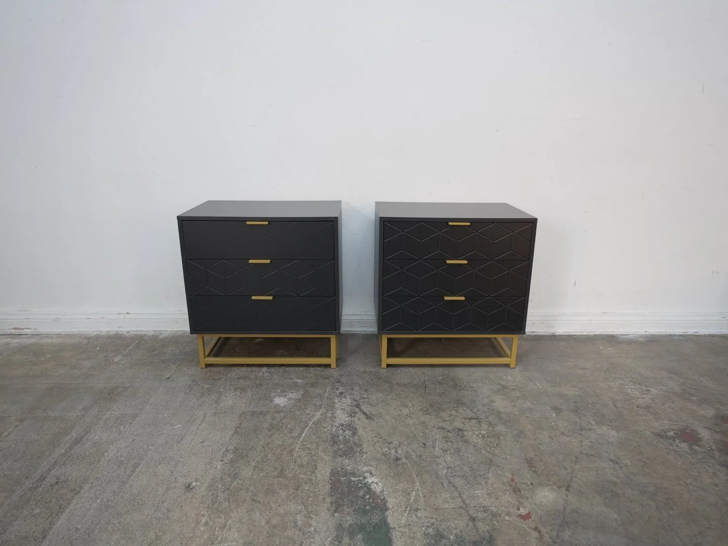 Set of 2 Black & Gold 3-Drawer Nightstand