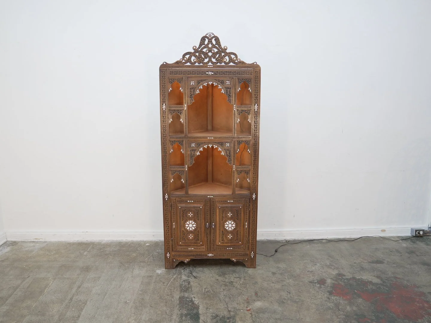Moroccan Carved Wood & Inlay Corner Shelf Unit