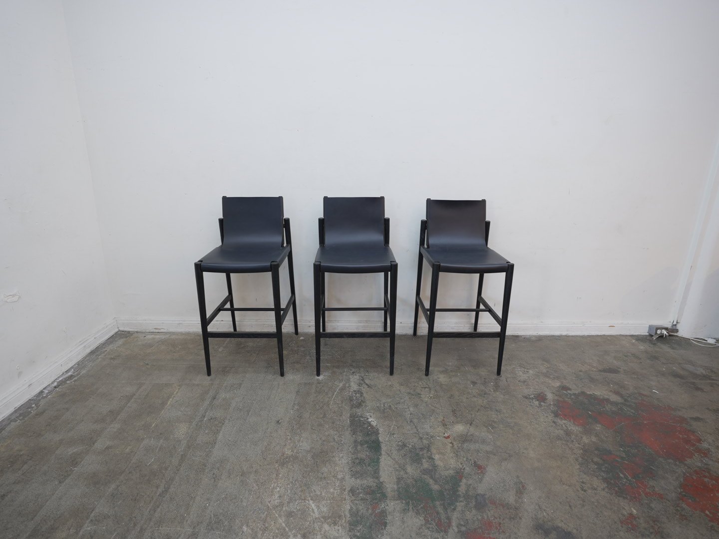 Set of 3 Arhaus Black Wood and Leather Bar Stools