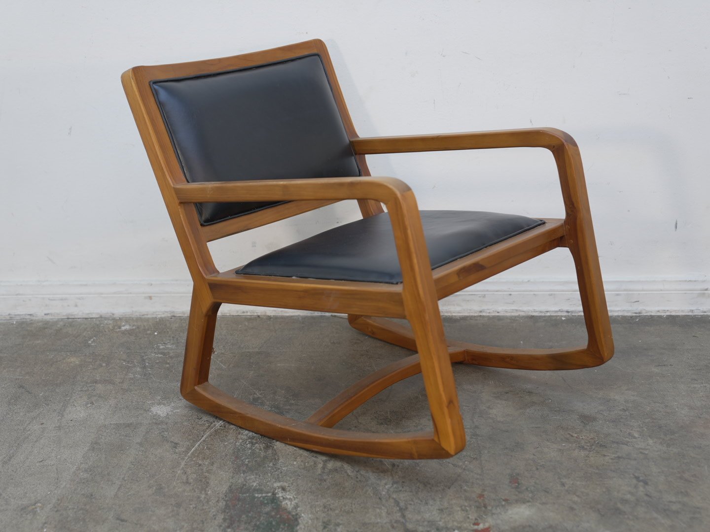 Black Faux Leather Rocker Chair w/ Teak Wood Frame (We Have 2)