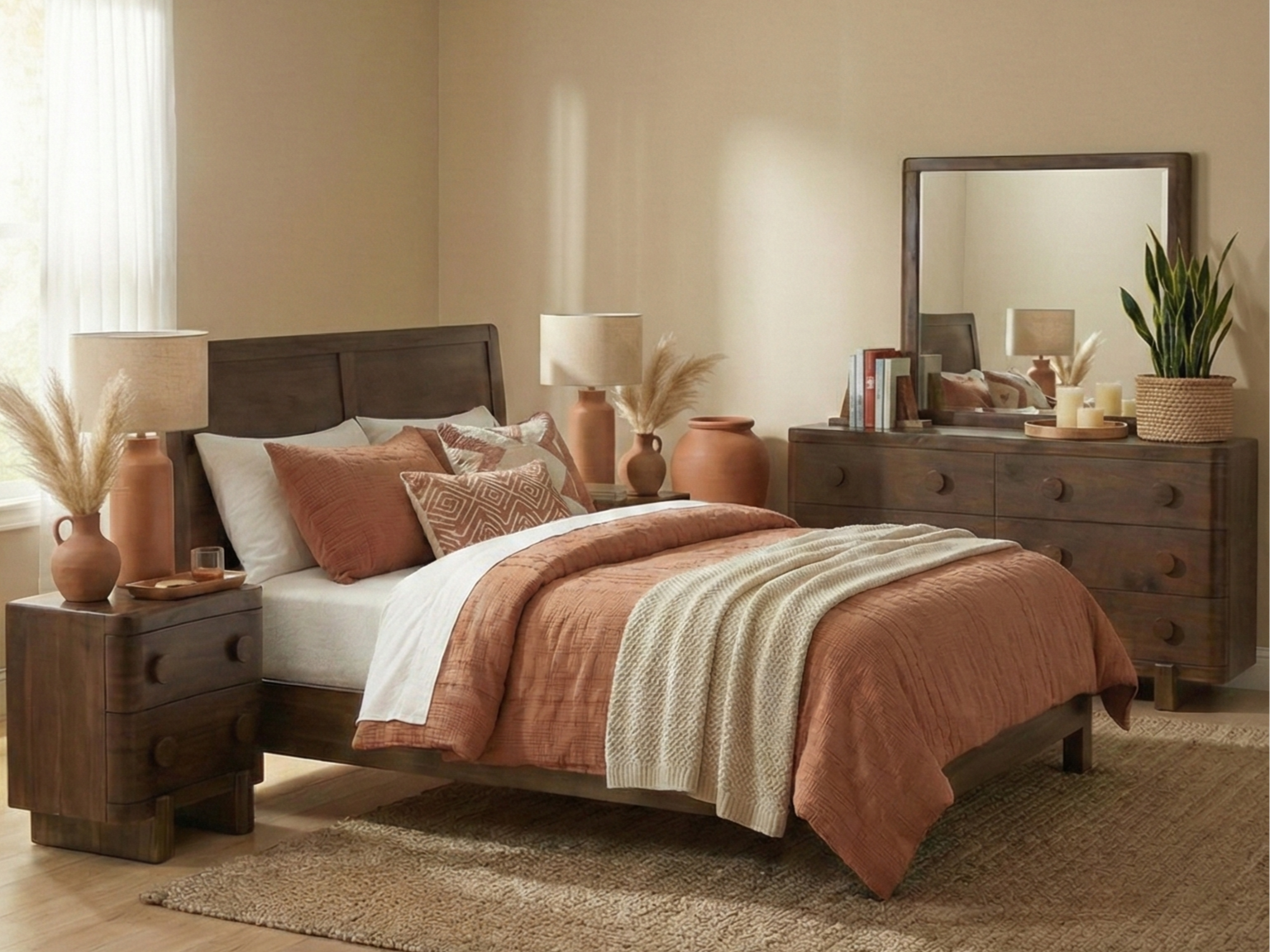 Basi Dark Brown Curved Wood Queen Bed