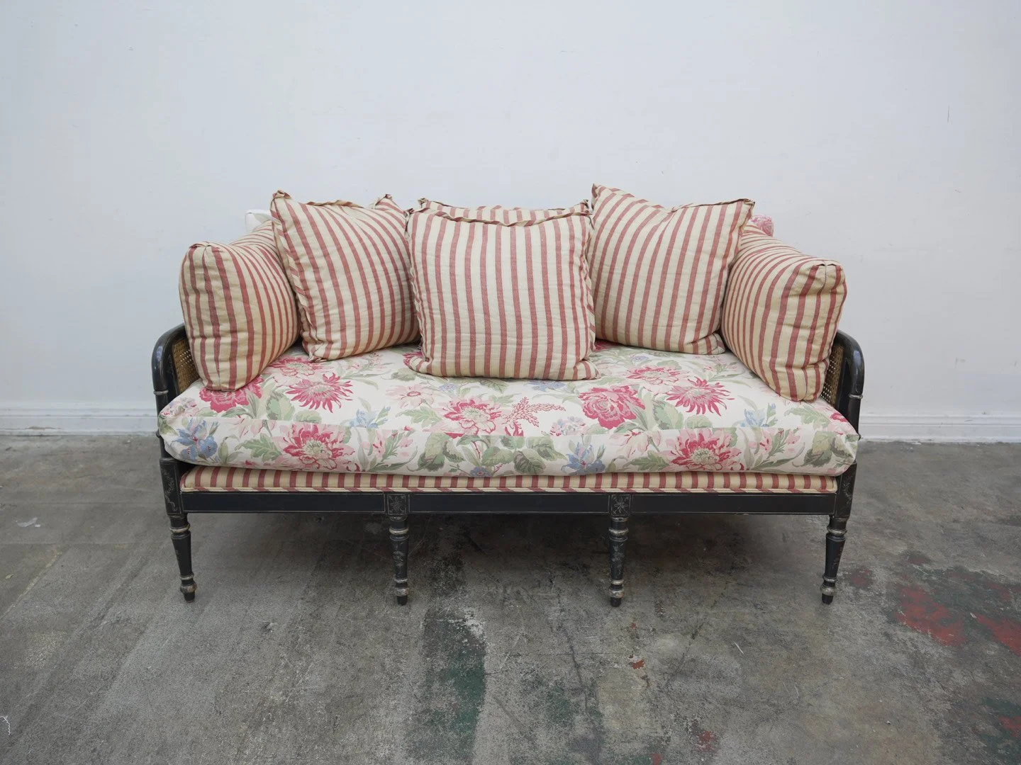 Black Wood & Cane French Style Sofa w/ Flower & Stripe Cushions