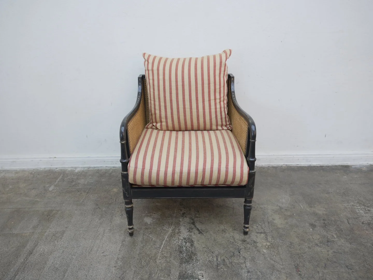 Black Wood & Cane French Style Chair w/ Stripe Cushions