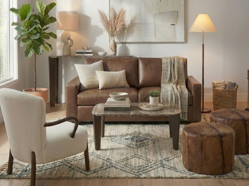 Custom Track Arm Sofa in Brown Leather