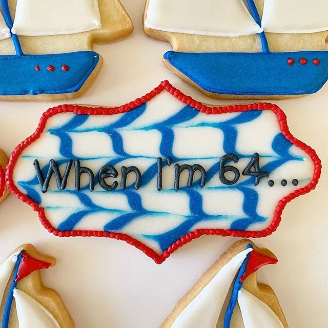 A closer look at the &ldquo;When I&rsquo;m 64&rdquo; birthday set!⛵️🎶 #cookies #frosting #bestcookiesever #yummy #sweettreats #denver #dessert #confections #decoratedcookies #customcookies #cookieart #local #shoplocal #royalicingcookies #royalicing 