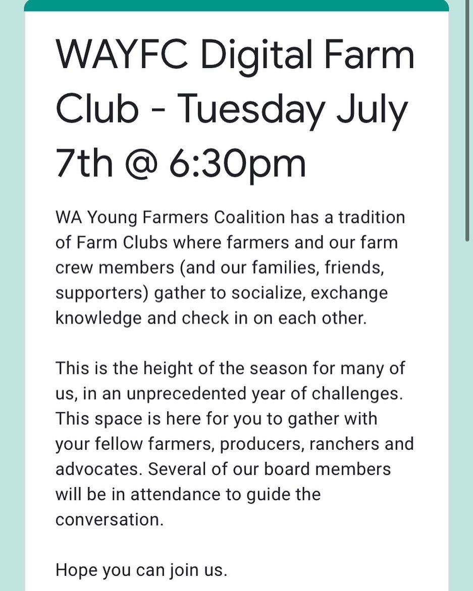 Sign up using the form and the zoom link will be sent out the day of the event. Link in profile!

https://forms.gle/CizKDTfgX9JbfLRv8

WA Young Farmers Coalition has a tradition of Farm Clubs where farmers and our farm crew members (and our families,