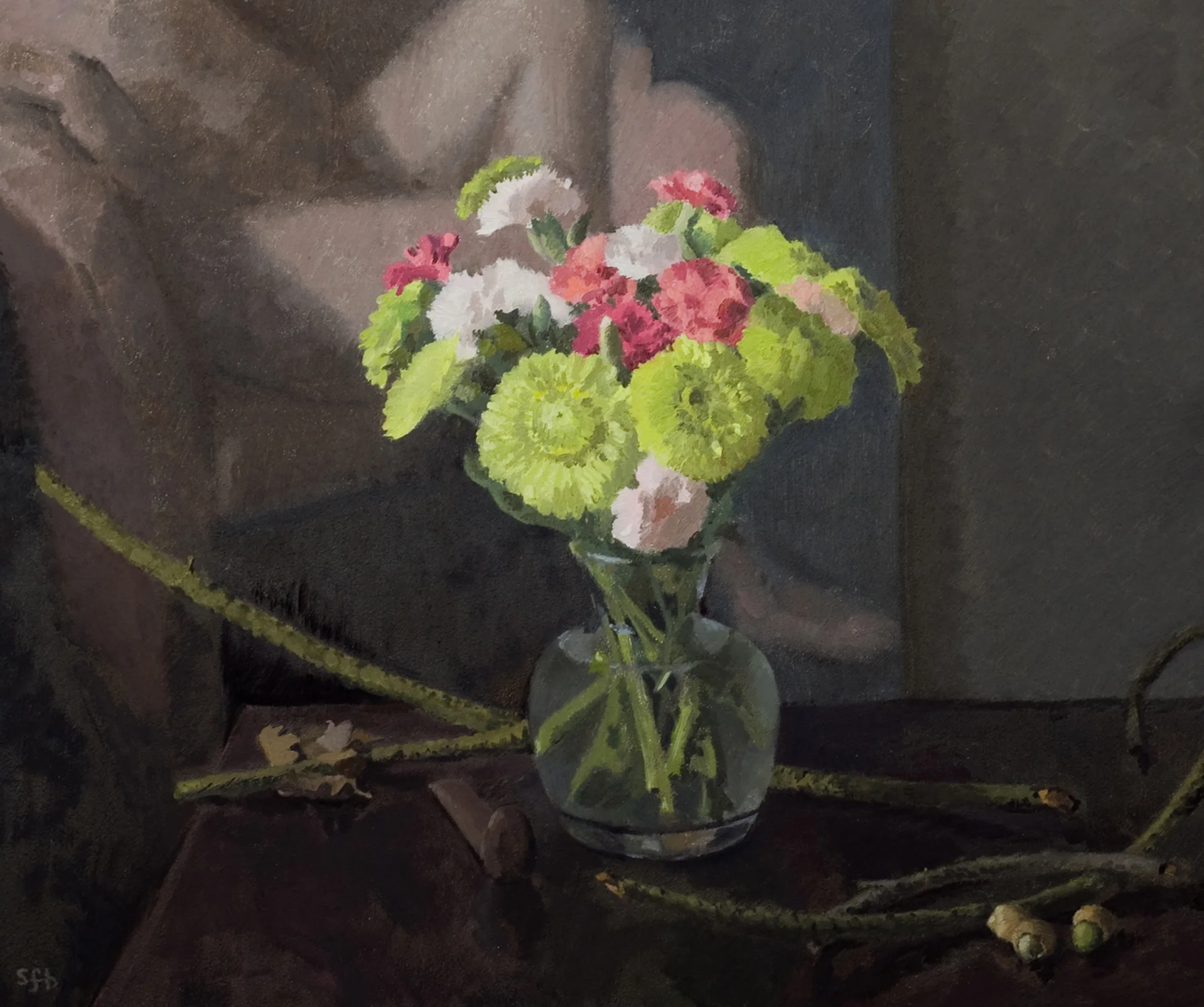 Still Life with Carnations and Green Acorns