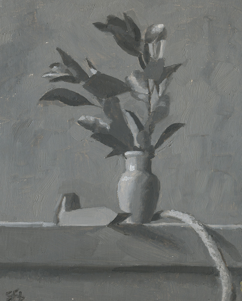 Still Life with Leaves, Vase, Stick and Railroad Pin, In Grisaille