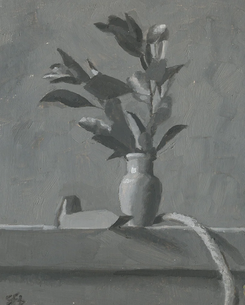 Still Life with Leaves, Vase, Stick and Railroad Pin, In Grisaille
