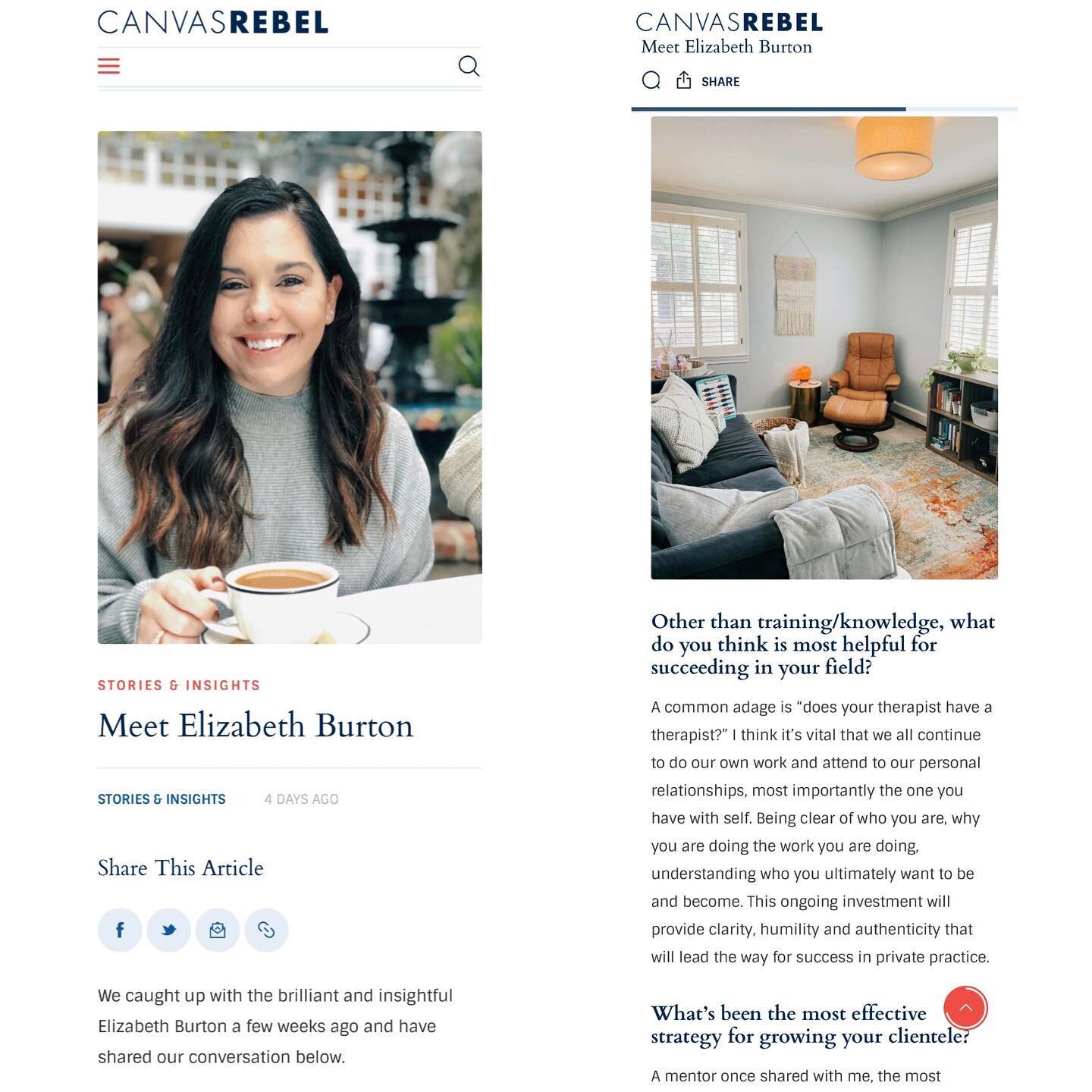 Grateful for the spotlight &amp; interview with @canvasrebel about growing my private practice🪴
⁣⁣
&ldquo;A mentor once shared with me, the most important &ldquo;marketing strategy&rdquo; is being fully present with the person you are sitting with. 