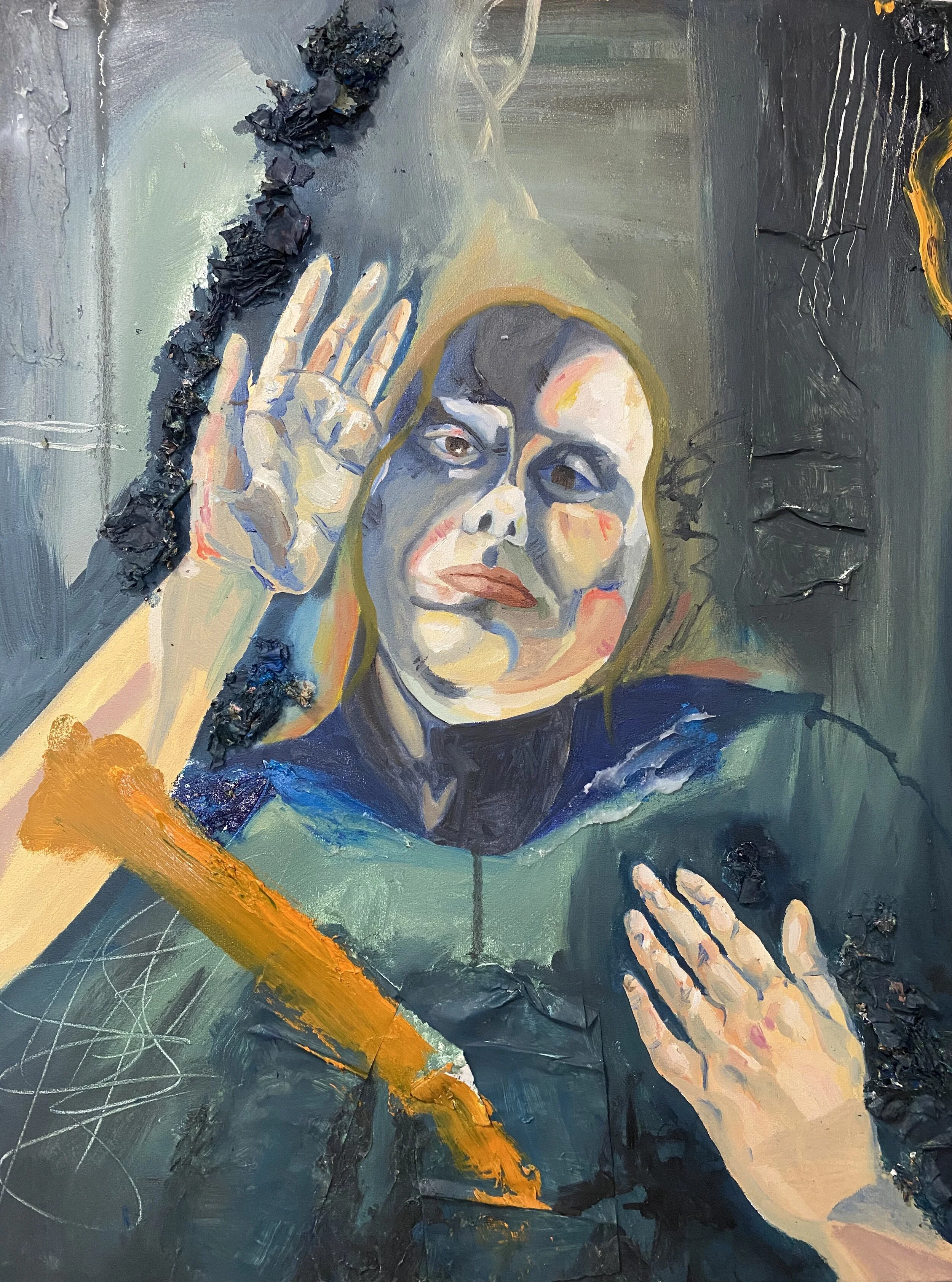 Class assignment painted from observation, 18x24”, mixed media: oil paint, collage, wax.