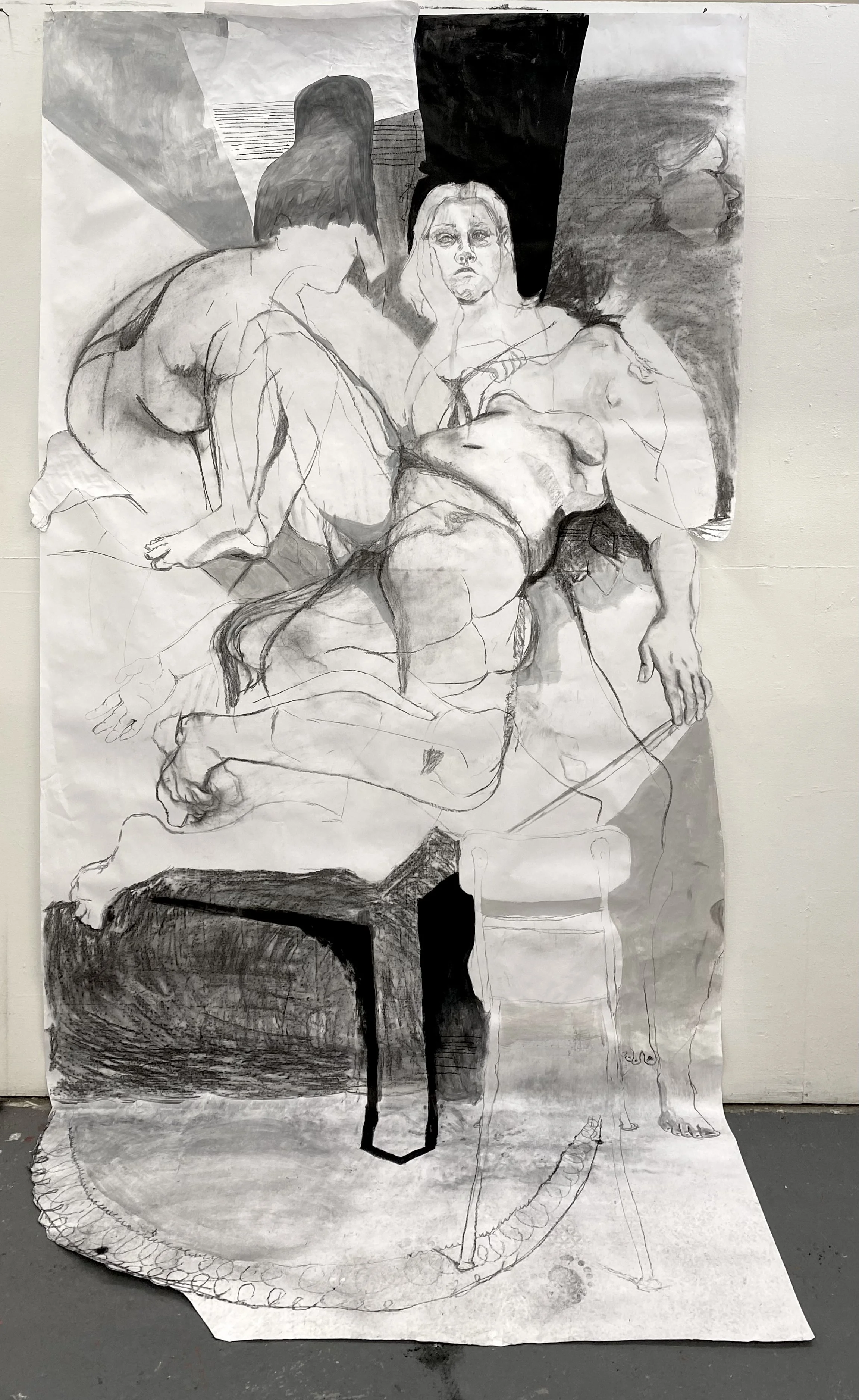    grief on my lips   Charcoal and acrylic paint on paper 127 x 60 inches 2022 