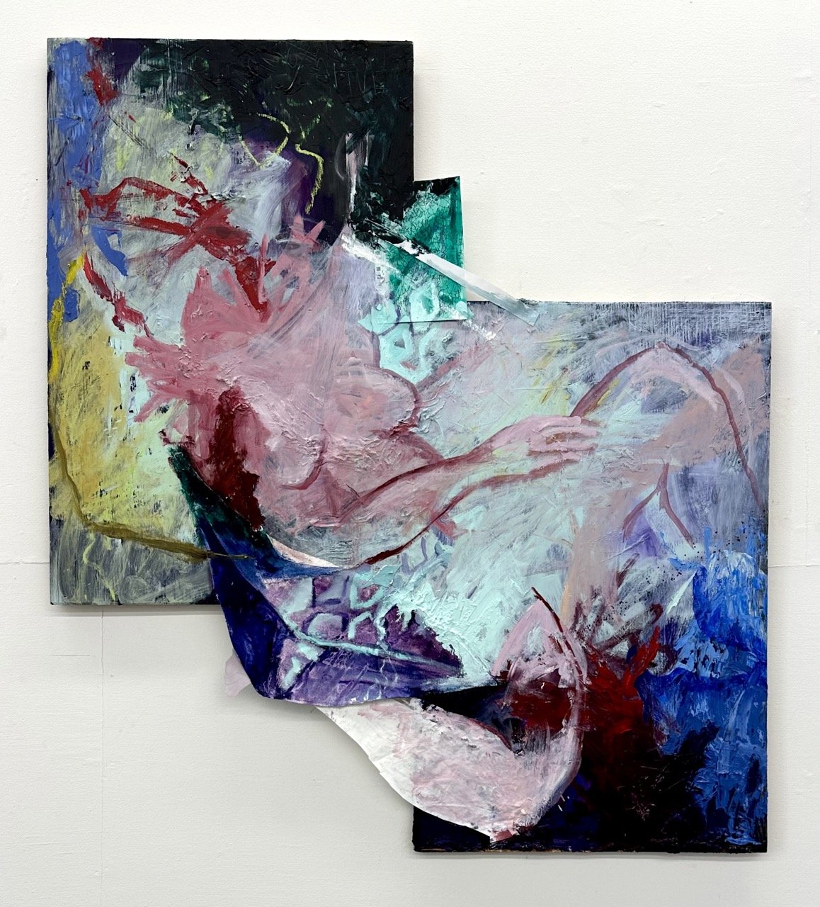    All the talking pulls my teeth   Oil, cold wax, and collage on wood panel ~60 x 48 inches (each panels measures 37 x 24 inches) 