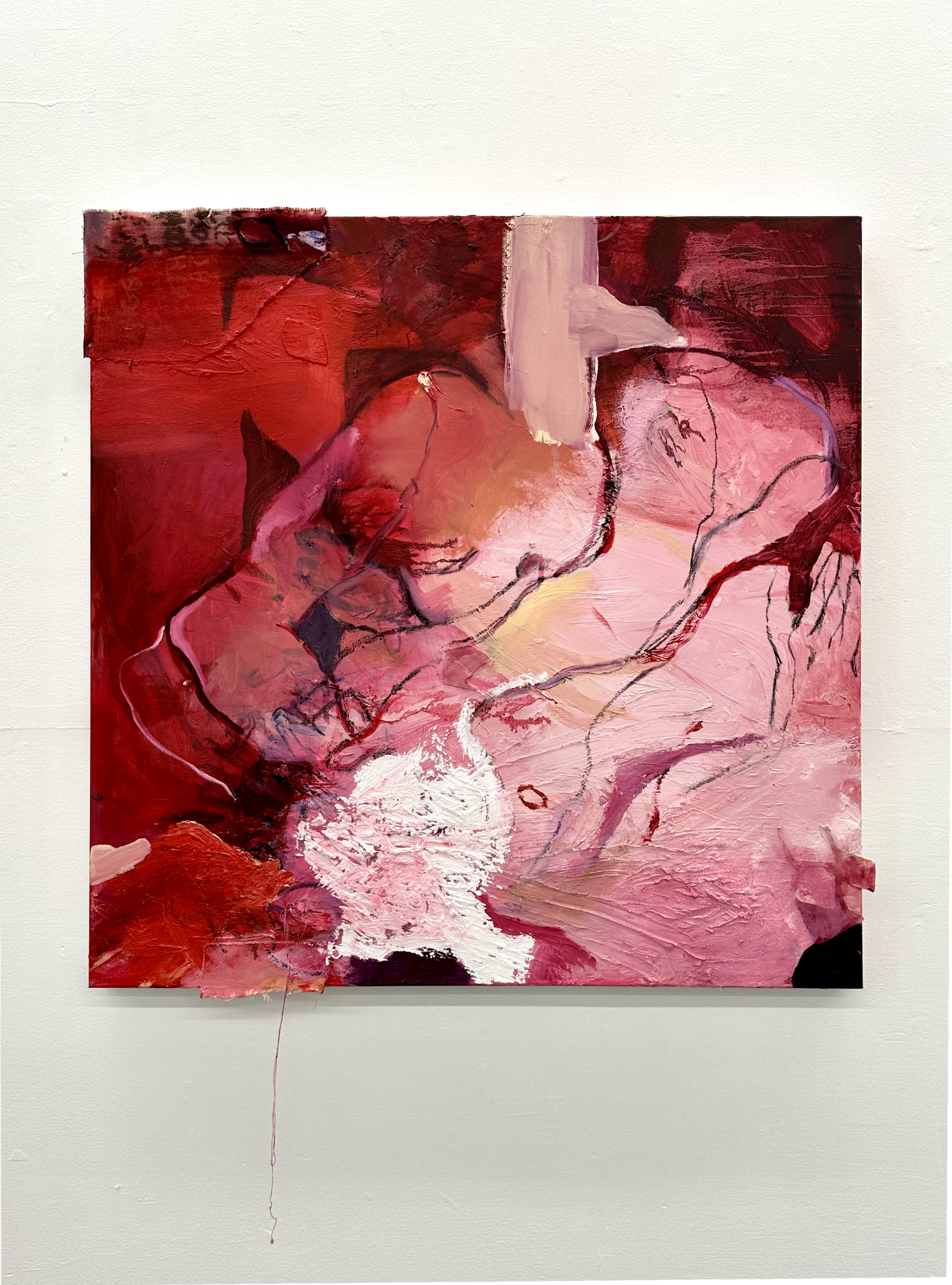    fatty tissue   Oil, cold wax, string, brad nail, charcoal and canvas collage on canvas 36 x 36 inches 2023   