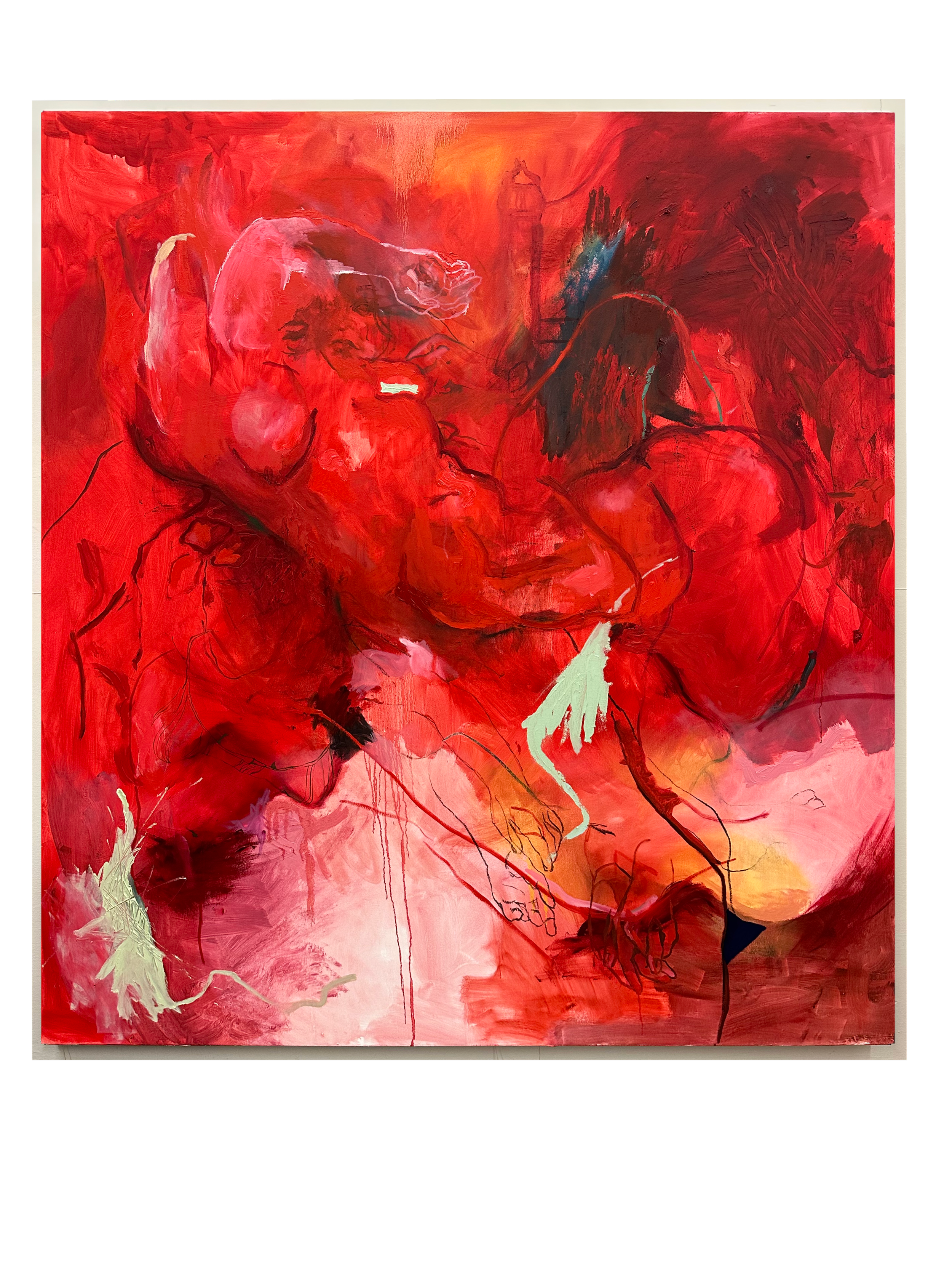    intersect me, bellied and distorted   Oil, cold wax, charcoal, blood, and oil pastel on canvas 80 x 72 inches 