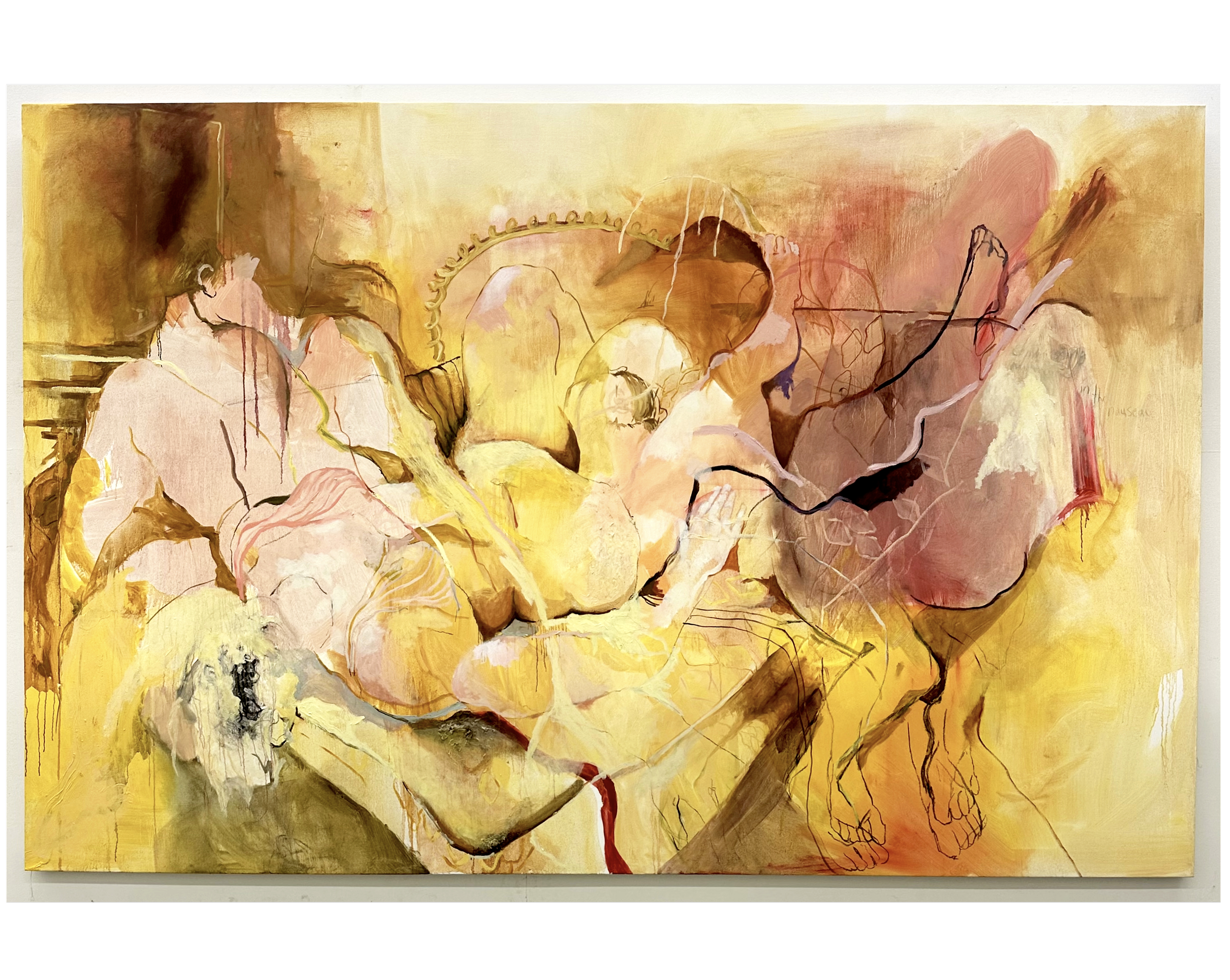 66 x 100 inches, oil, cold wax, oil pastel, charcoal, pencil, collage, blade, string, dirt on canvas on self-constructed stretcher bars