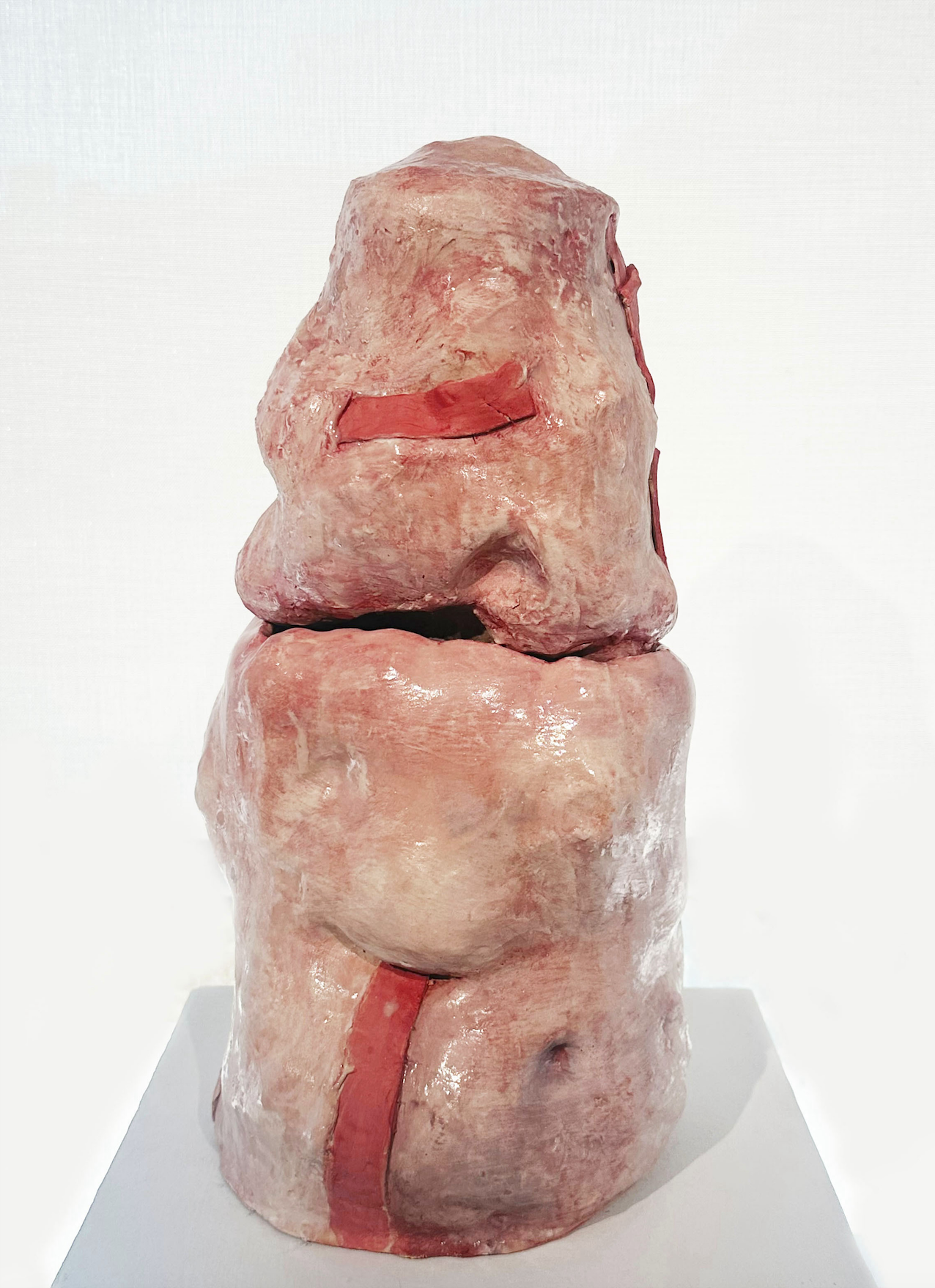    Fingers Laced Together     15 h x 8 d x 8 w Stoneware, pink underglaze, kaolin layer, and pink translucent glaze 2024  